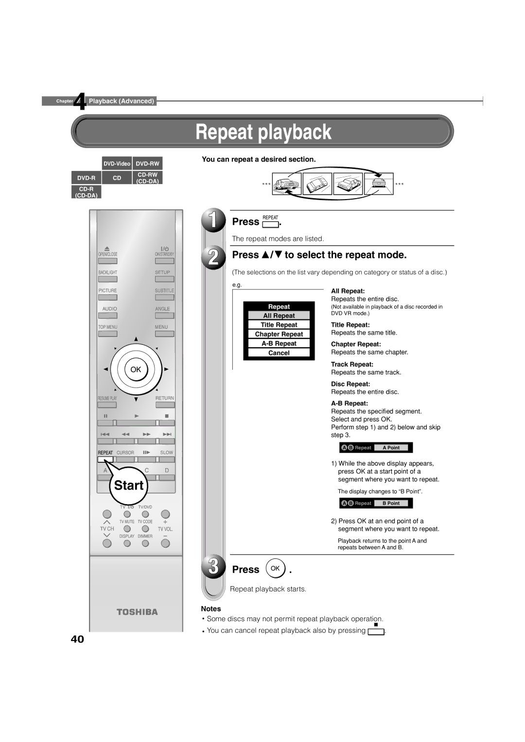 Toshiba HD-XA2 Repeat playback, Press To select the repeat mode, You can repeat a desired section, Repeat modes are listed 