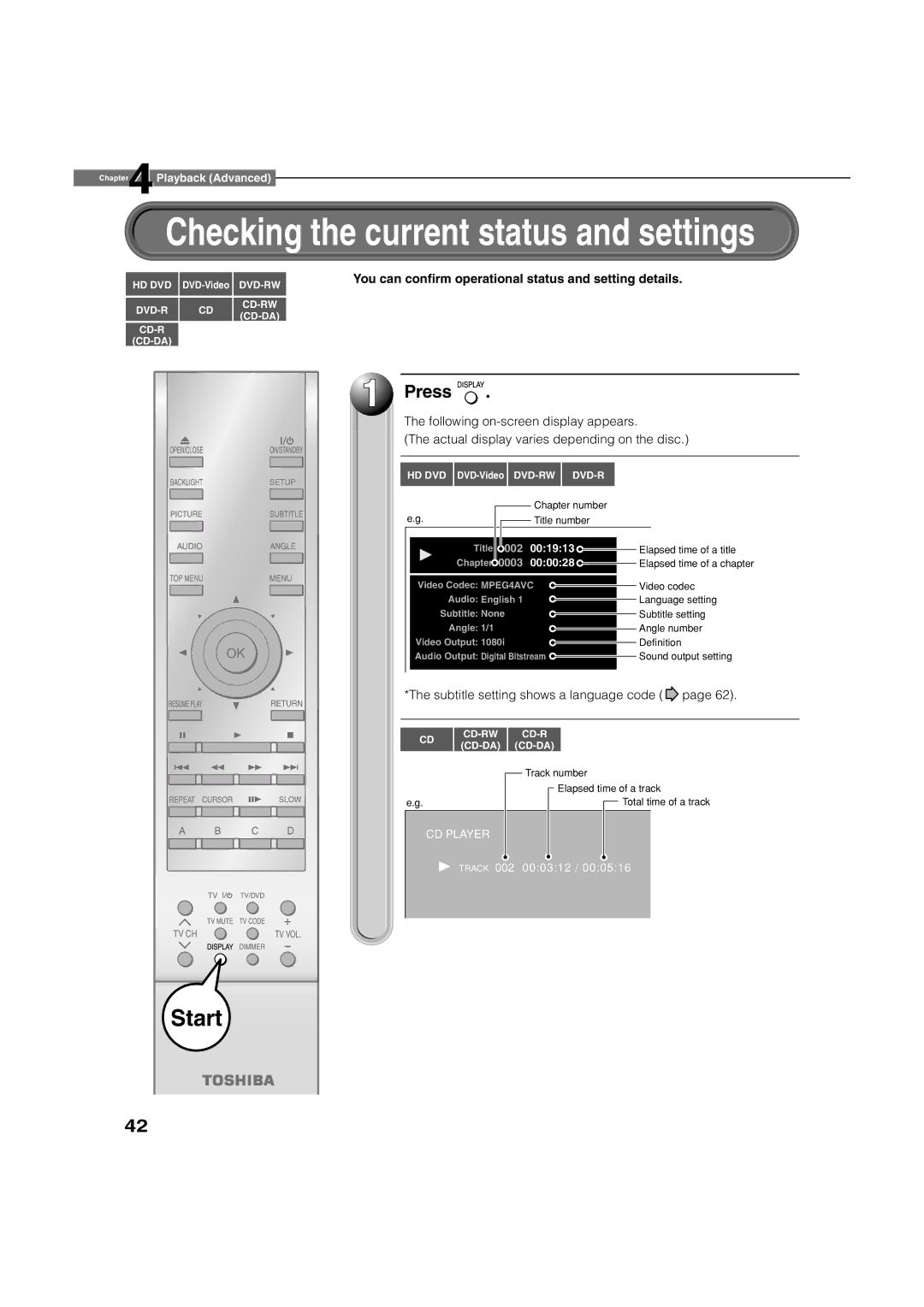 Toshiba HD-XA2KN Checking the current status and settings, You can conﬁrm operational status and setting details 