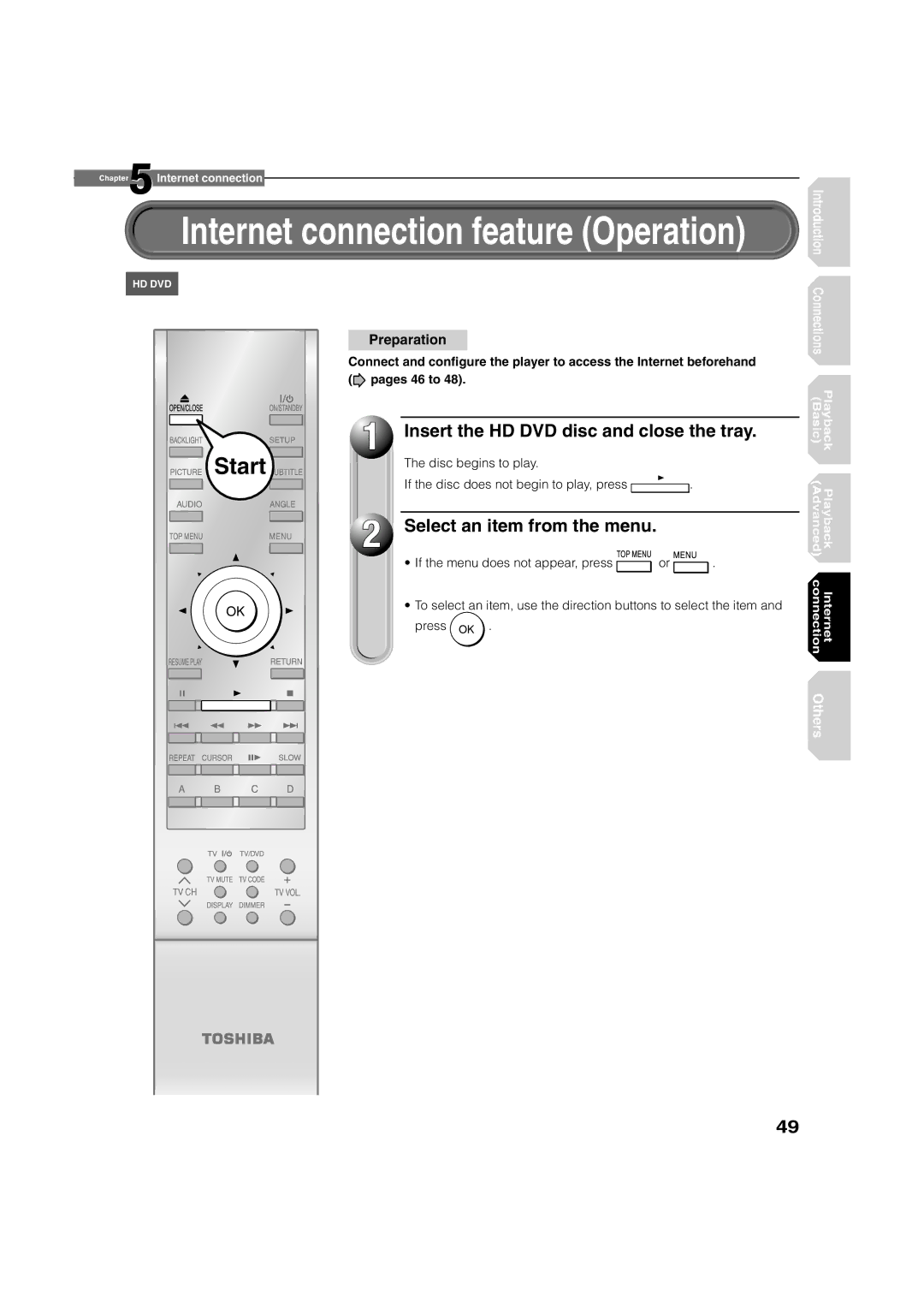 Toshiba HD-XA2KN owner manual Insert the HD DVD disc and close the tray, Select an item from the menu, Preparation 