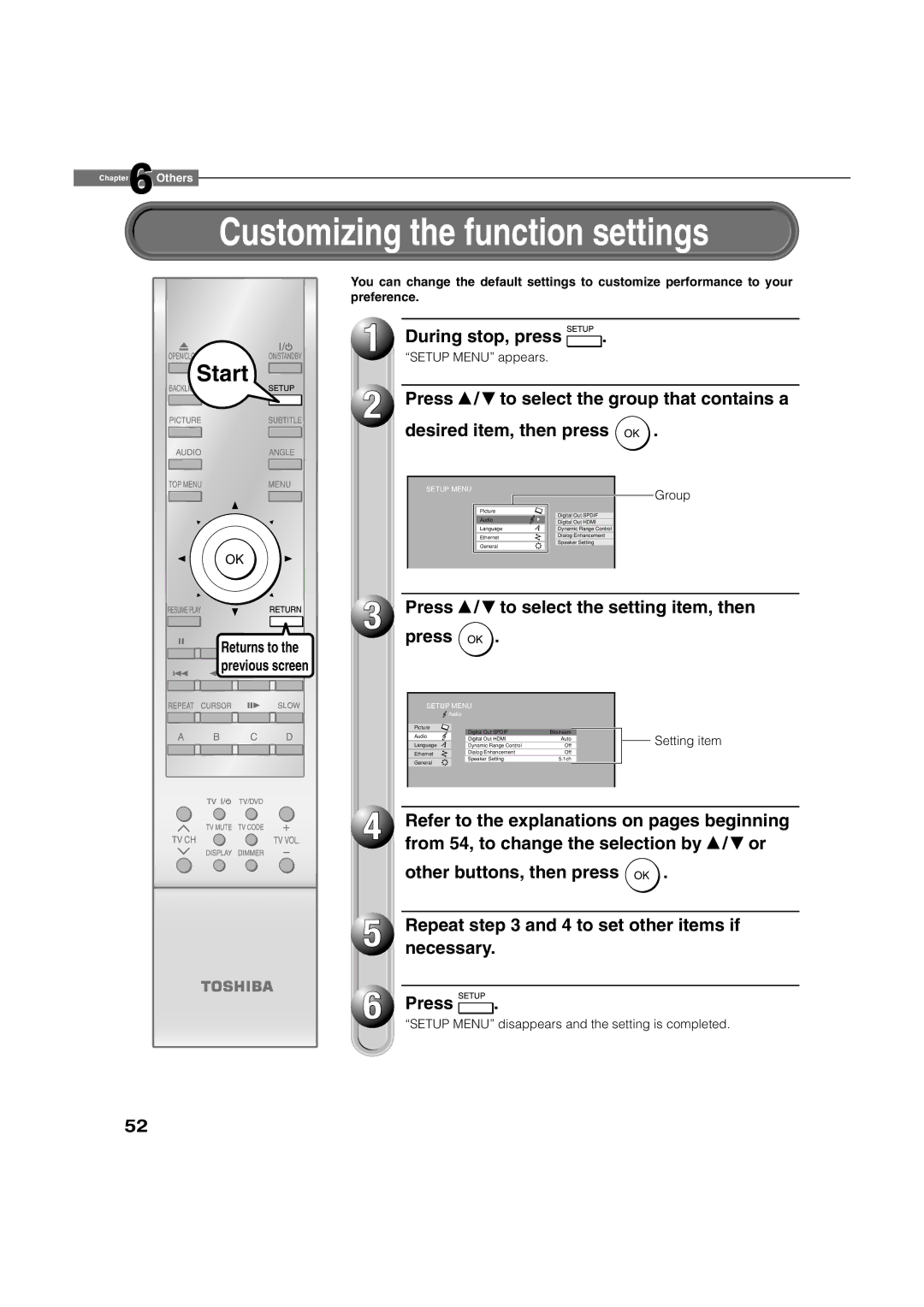 Toshiba HD-XA2 Customizing the function settings, During stop, press, Press / to select the setting item, then, Returns to 