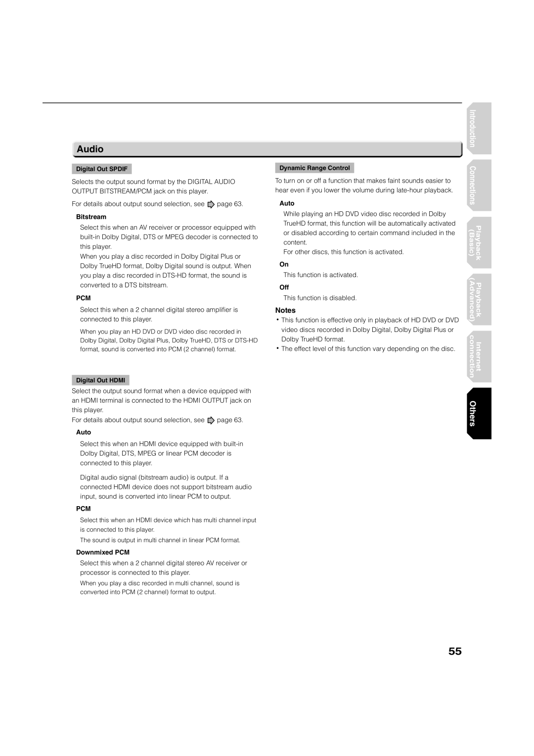 Toshiba HD-XA2KN owner manual Audio, Bitstream, Downmixed PCM 