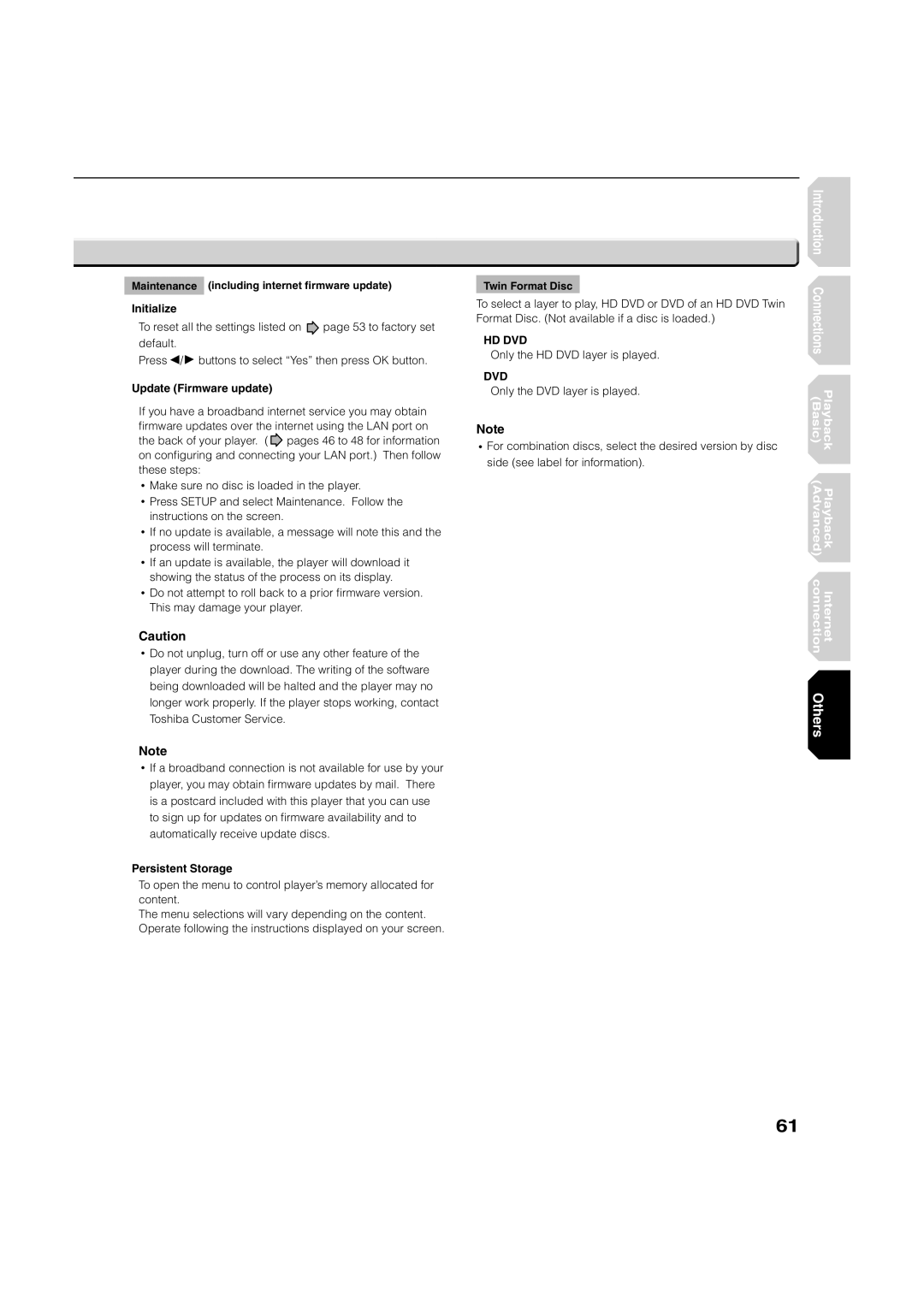 Toshiba HD-XA2KN owner manual Initialize, Update Firmware update, Persistent Storage 