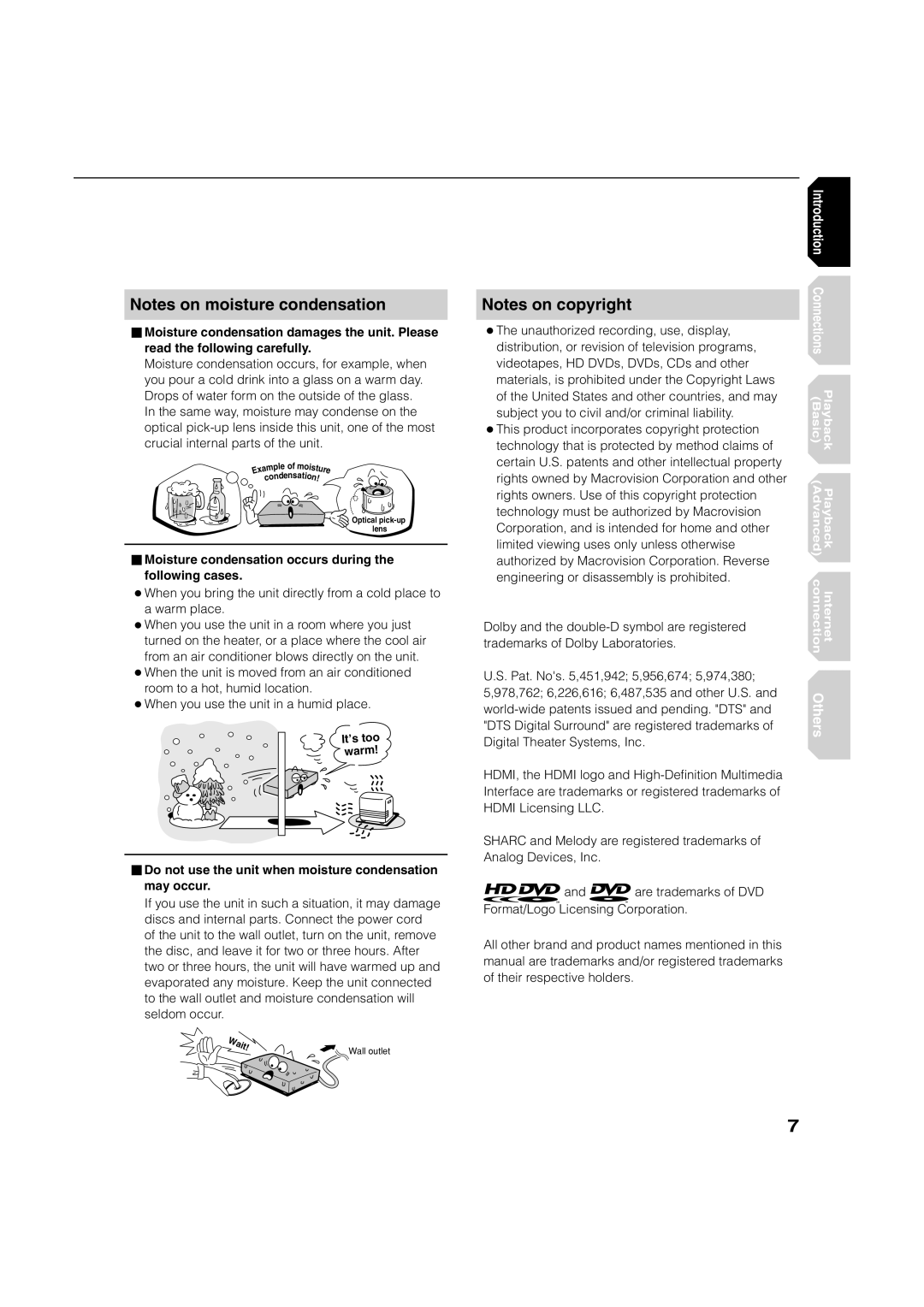 Toshiba HD-XA2KN owner manual Moisture condensation occurs during the following cases 