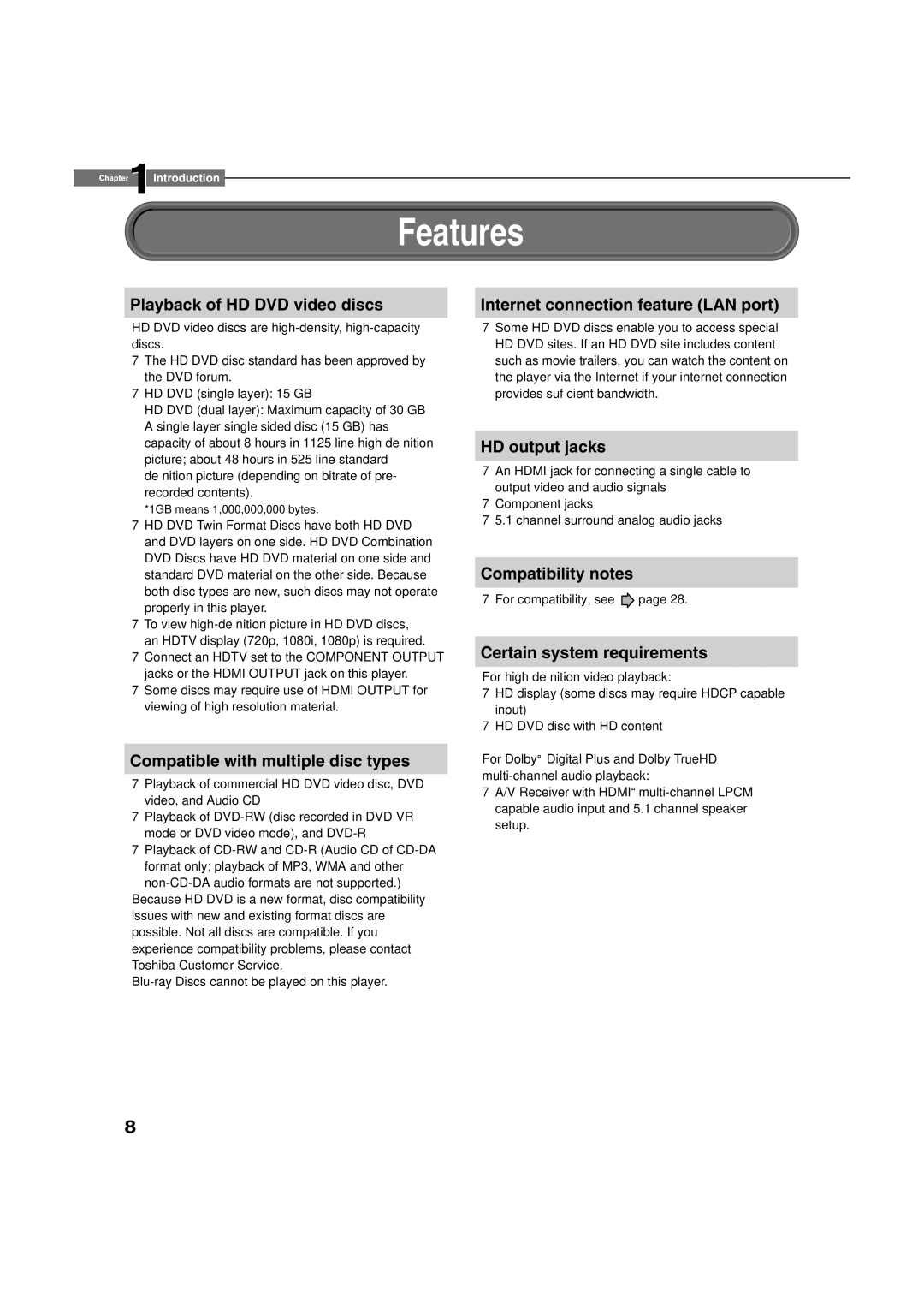 Toshiba HD-XA2KN owner manual Features 