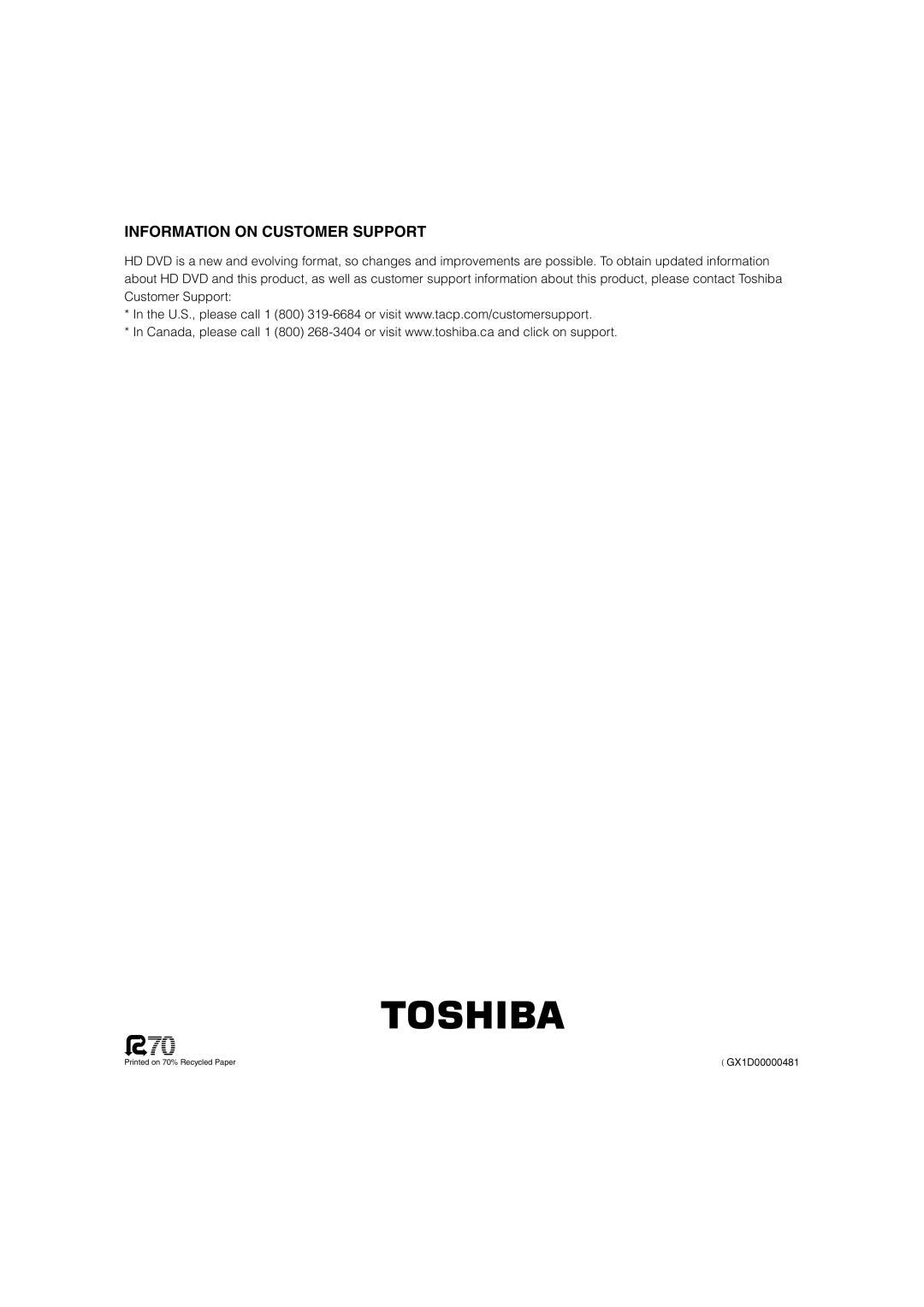 Toshiba HD-XA2KN owner manual Information on Customer Support 