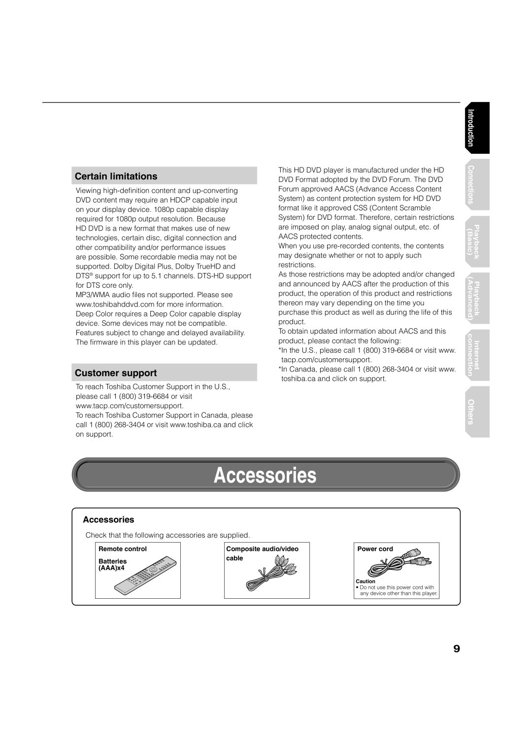 Toshiba HD-XA2KN owner manual Accessories, Certain limitations, Customer support 