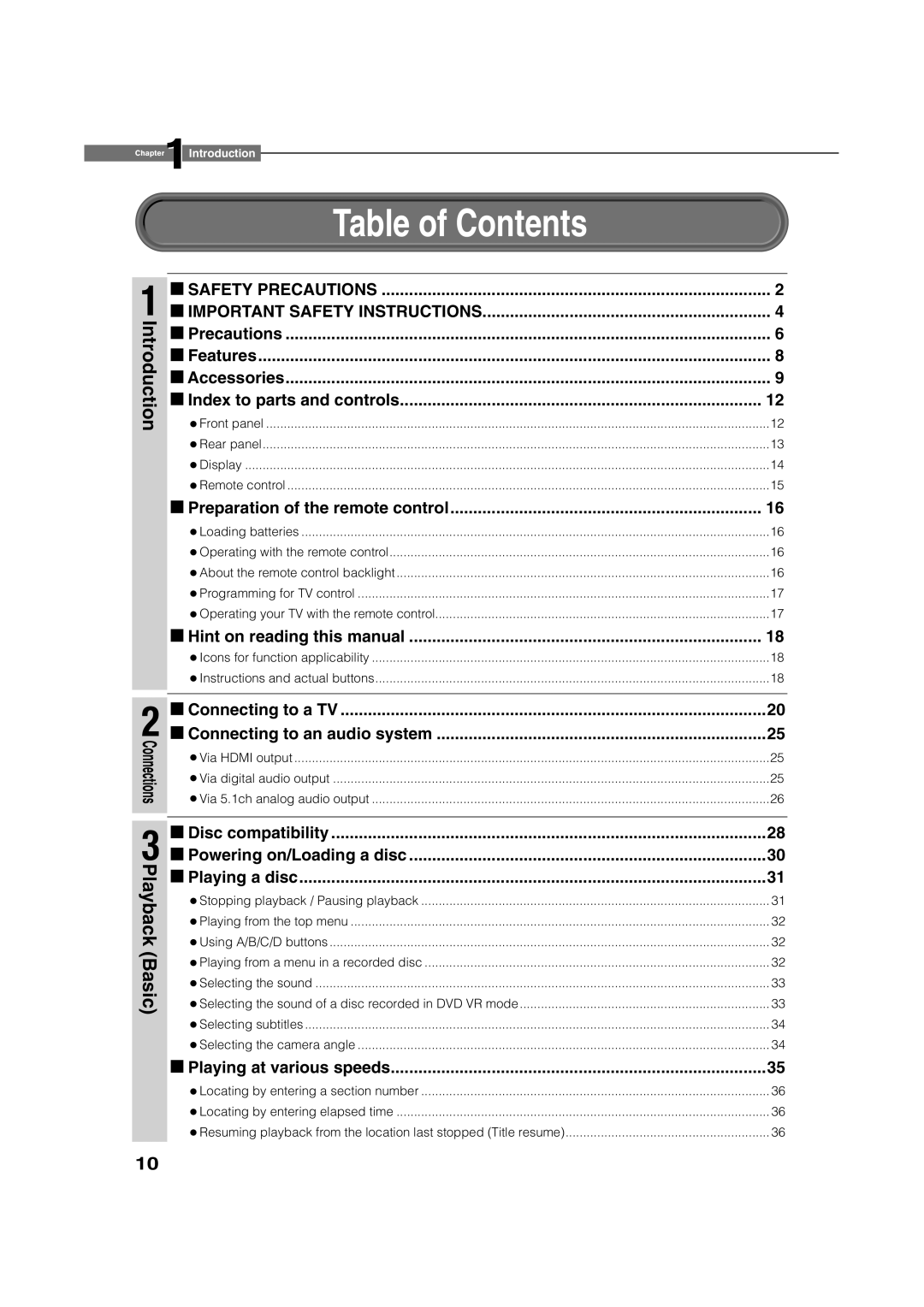 Toshiba HD-XE1 manual Table of Contents 