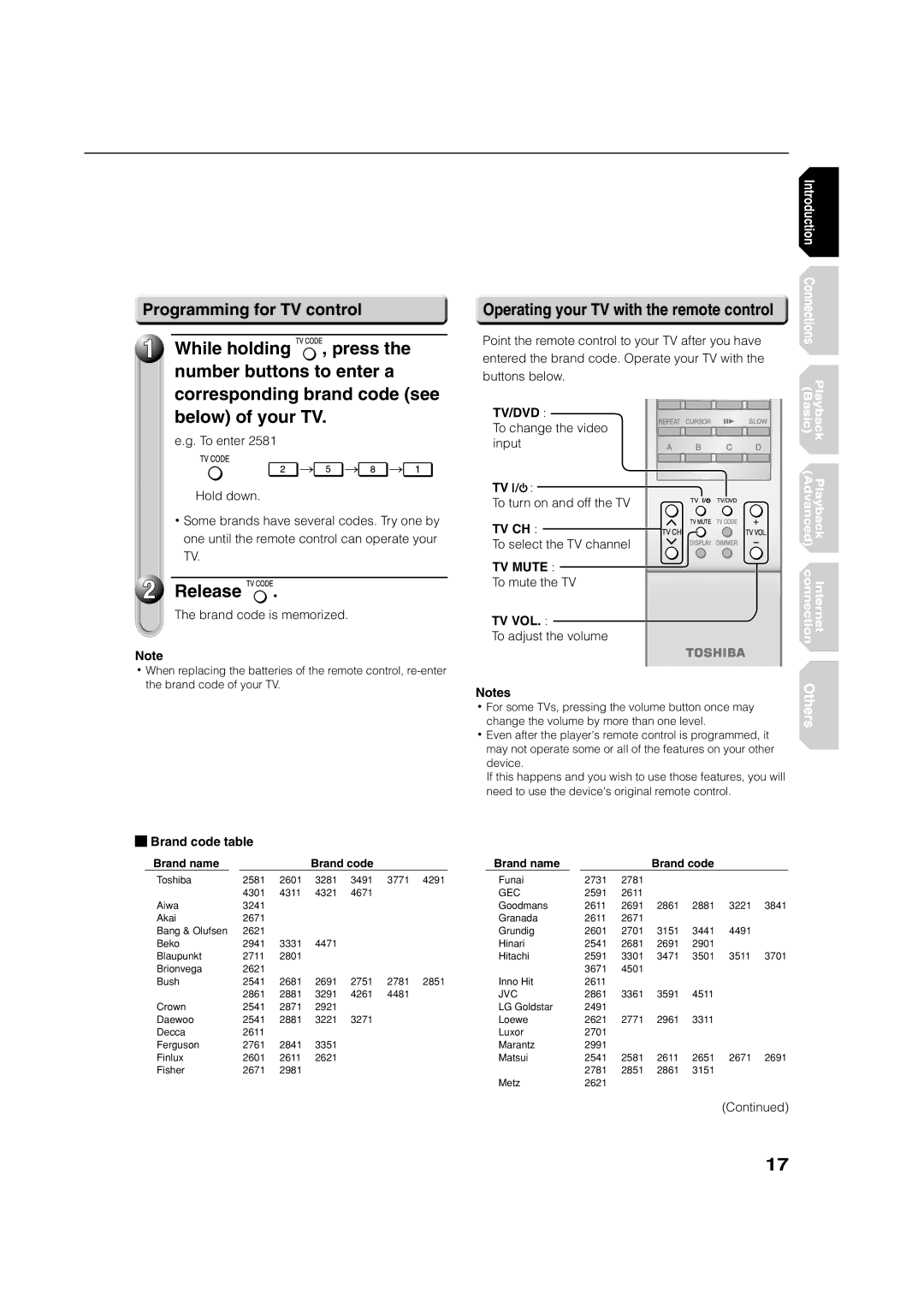 Toshiba HD-XE1 manual While holding, Release, Programming for TV control, Operating your TV with the remote control 