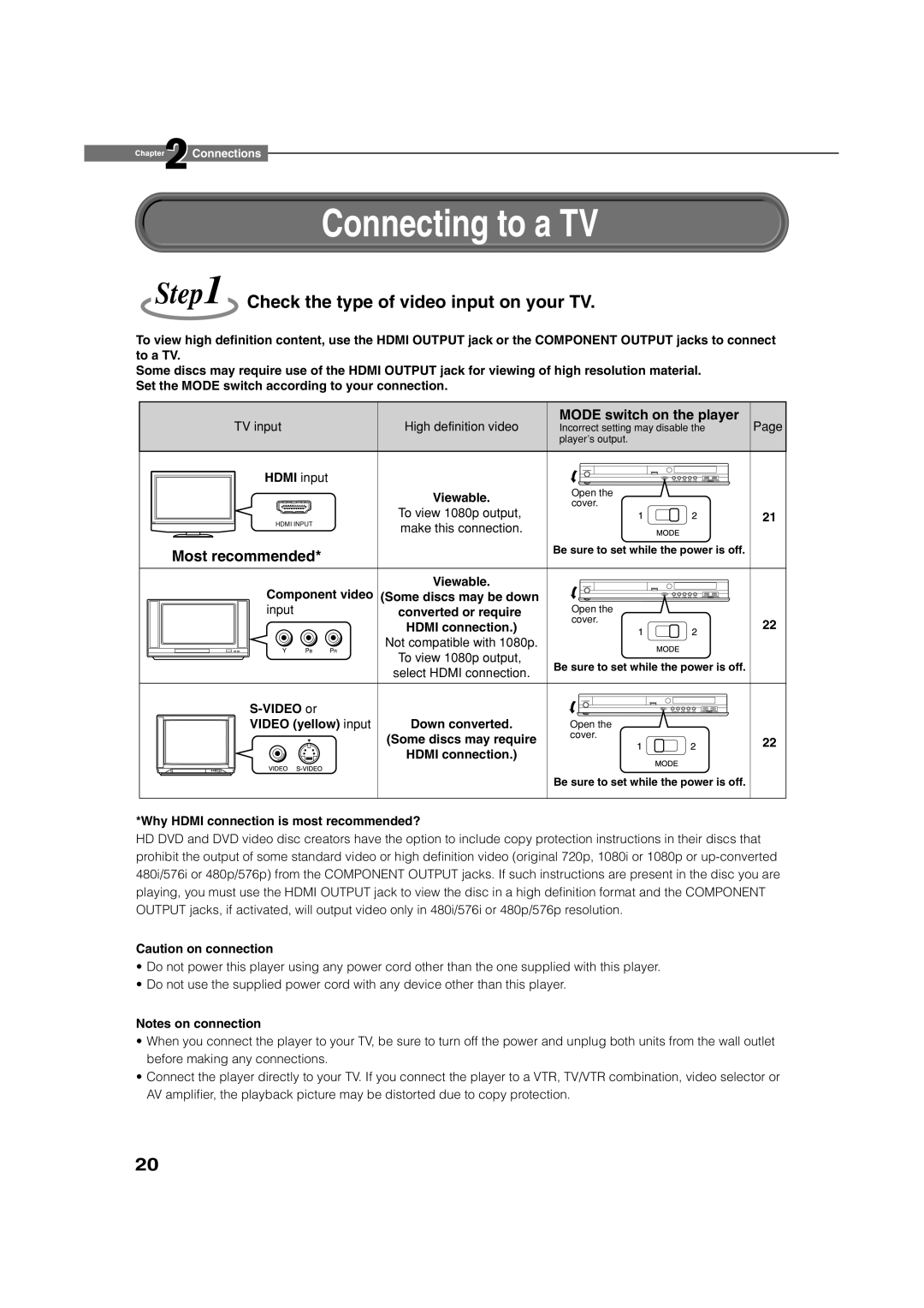 Toshiba HD-XE1 manual Connecting to a TV, Check the type of video input on your TV 