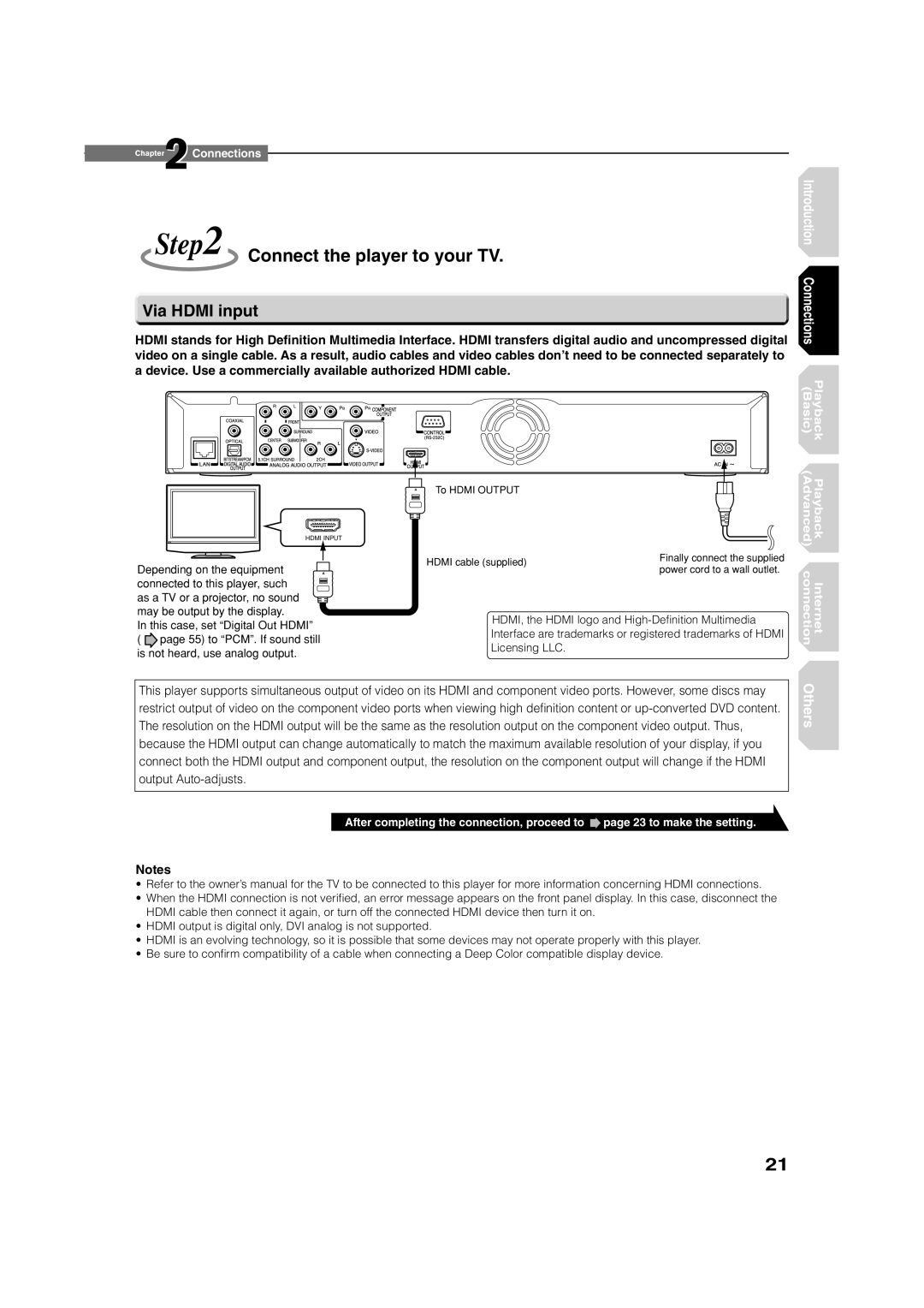 Toshiba HD-XE1 manual Connect the player to your TV, Via Hdmi input 