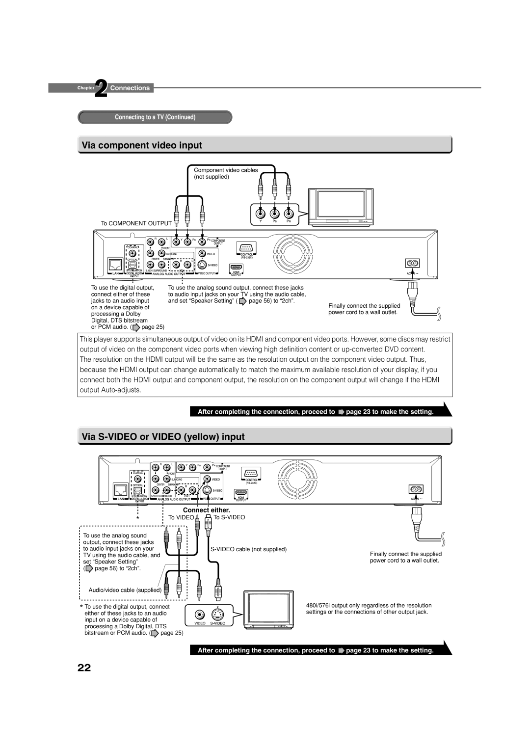 Toshiba HD-XE1 manual Via component video input, Via S-VIDEO or Video yellow input, Connect either 