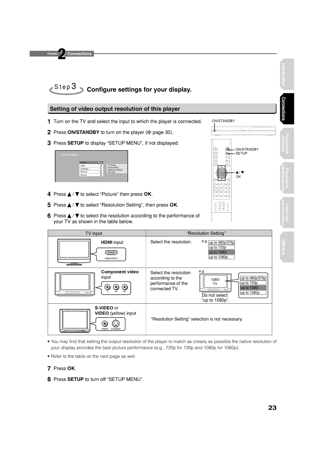 Toshiba HD-XE1 manual Conﬁgure settings for your display, Setting of video output resolution of this player 