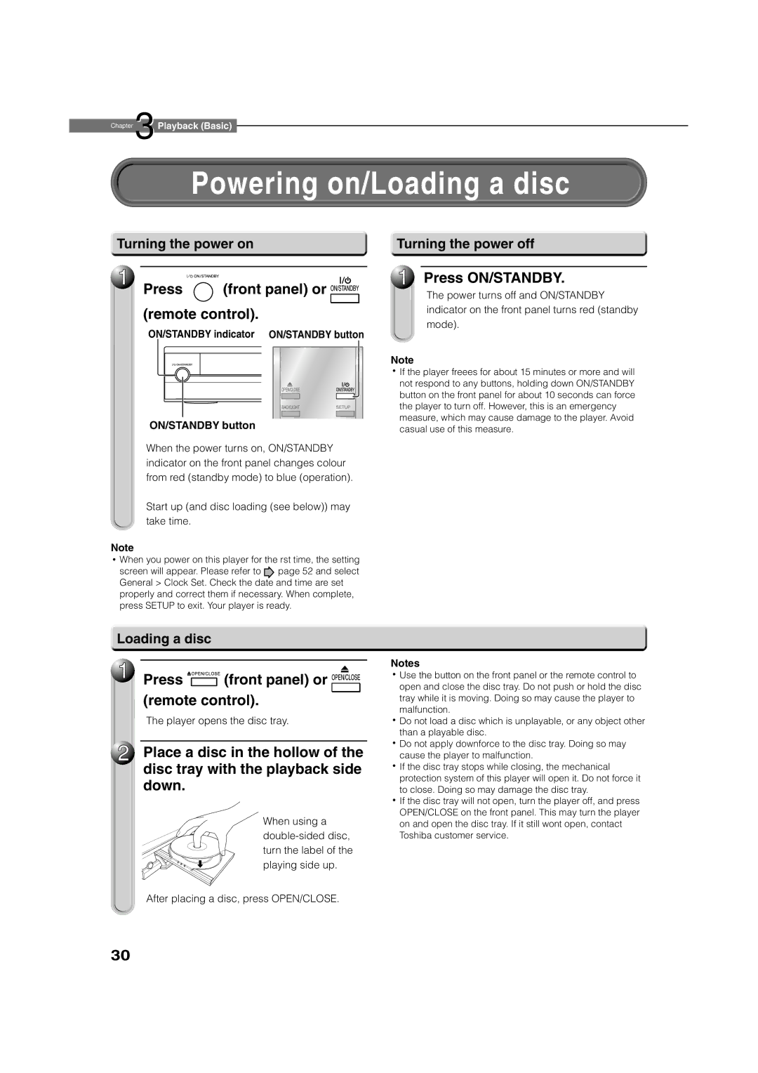 Toshiba HD-XE1 manual Powering on/Loading a disc, Press Front panel or Remote control, Press ON/STANDBY 