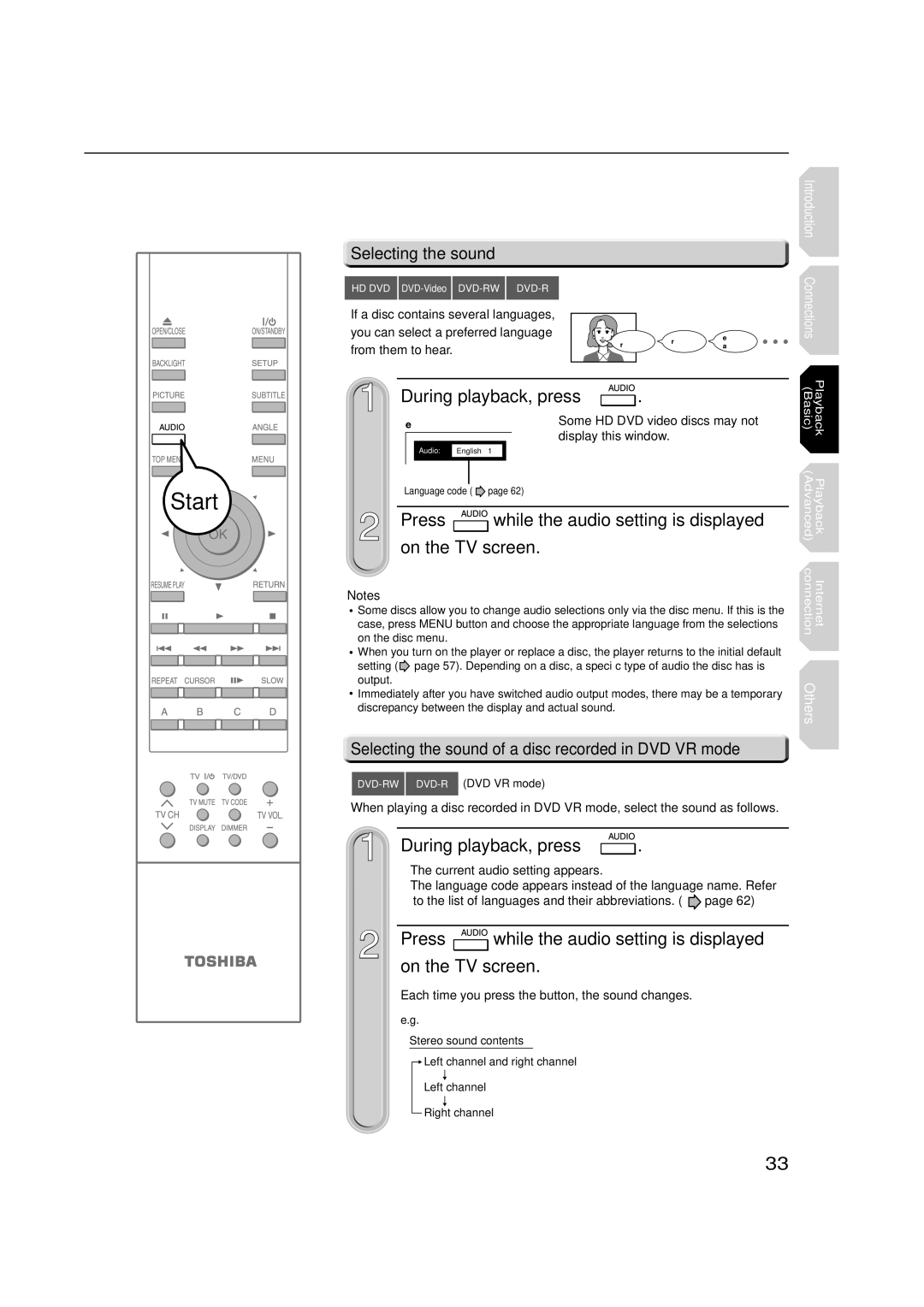 Toshiba HD-XE1 manual During playback, press, On the TV screen, Selecting the sound 