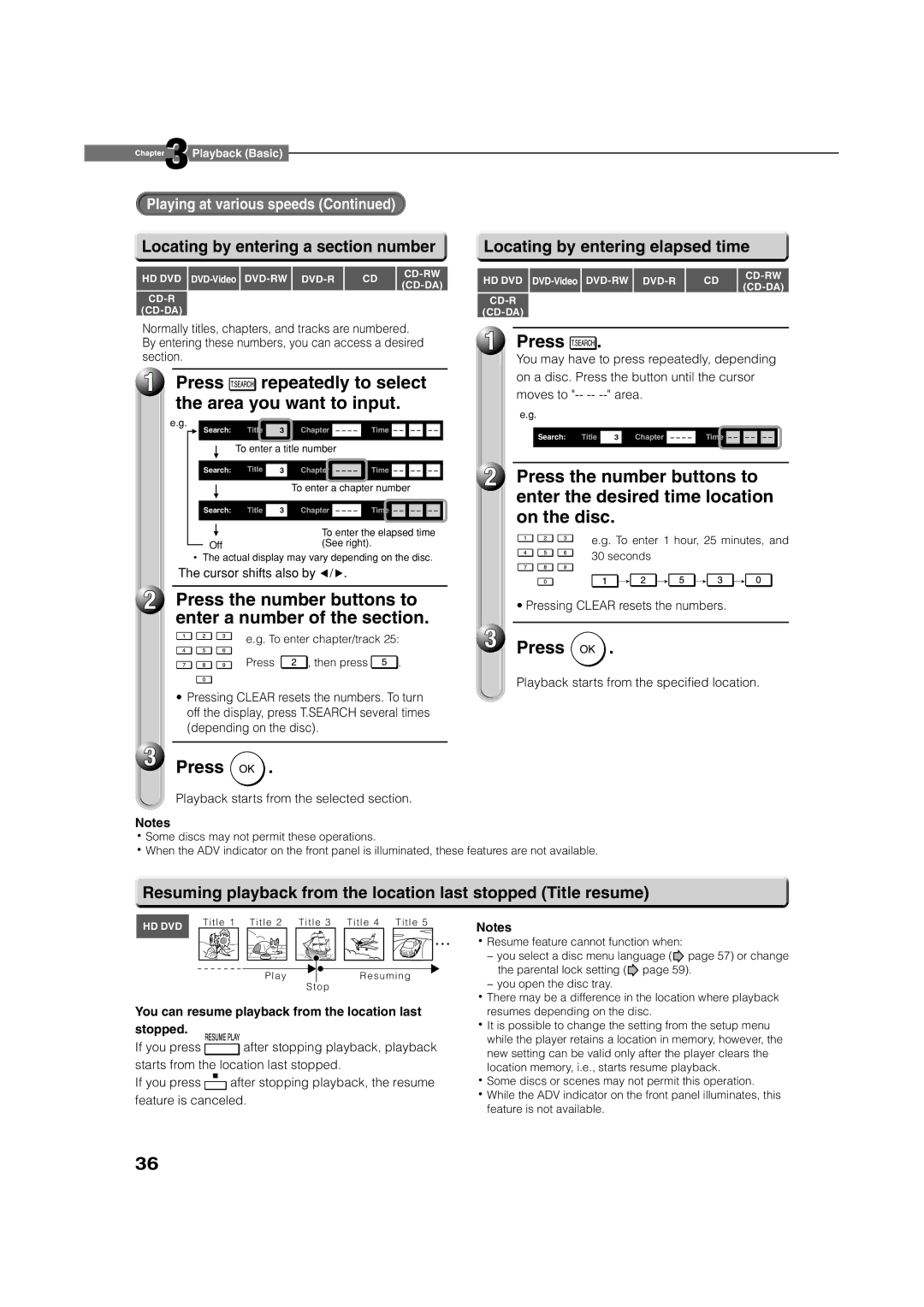 Toshiba HD-XE1 manual Press the number buttons to, Locating by entering a section number, Locating by entering elapsed time 