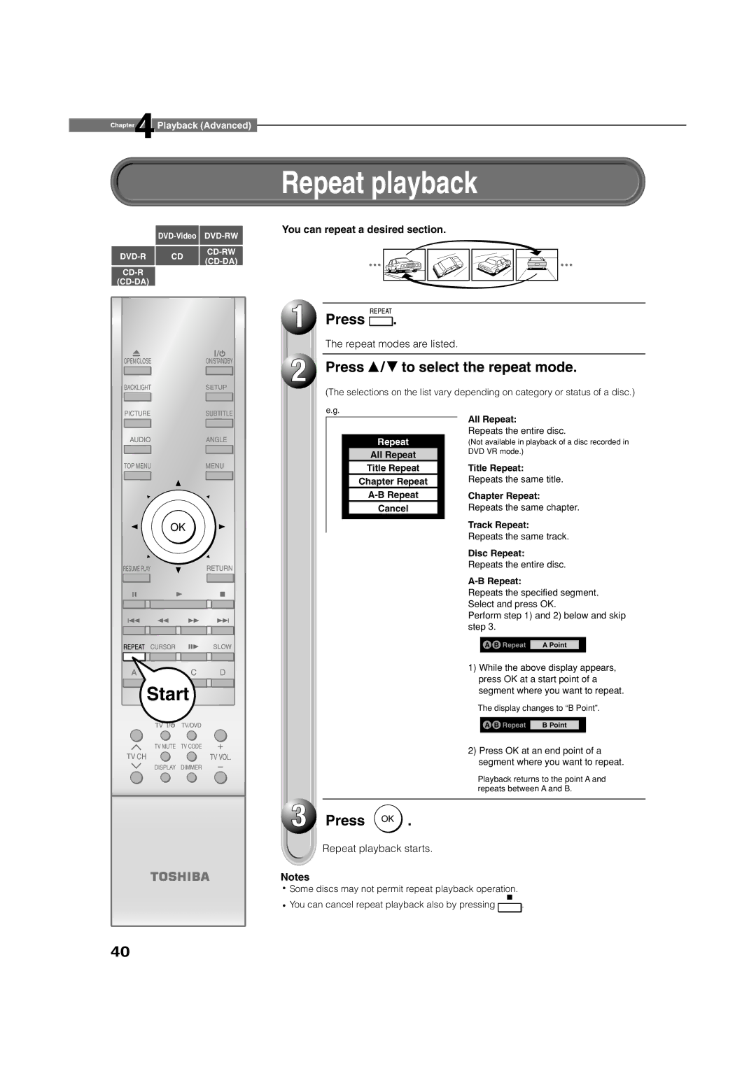 Toshiba HD-XE1 Repeat playback, Press To select the repeat mode, You can repeat a desired section, Repeat modes are listed 