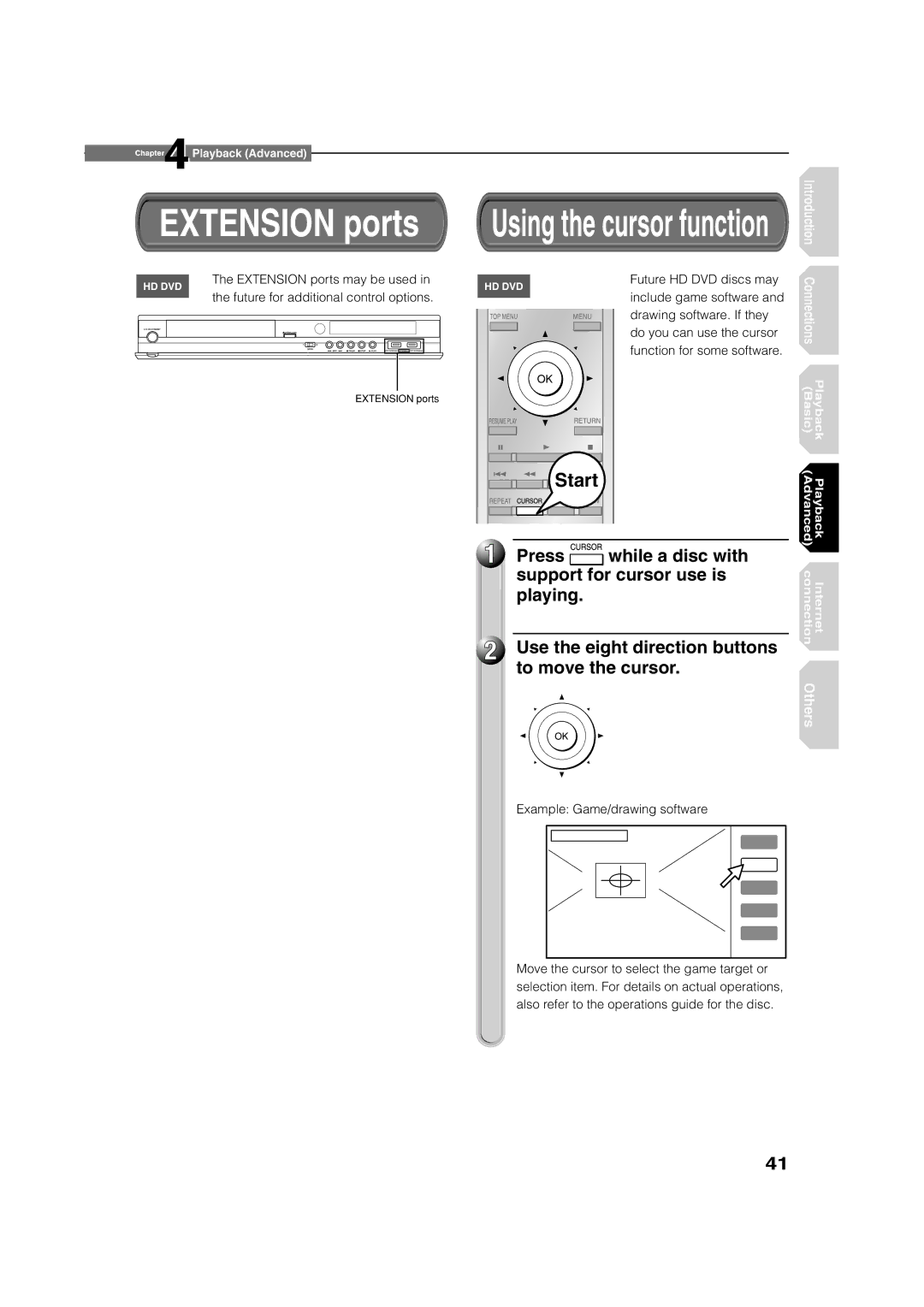 Toshiba HD-XE1 manual Press While a disc with Support for cursor use is, Extension ports may be used 