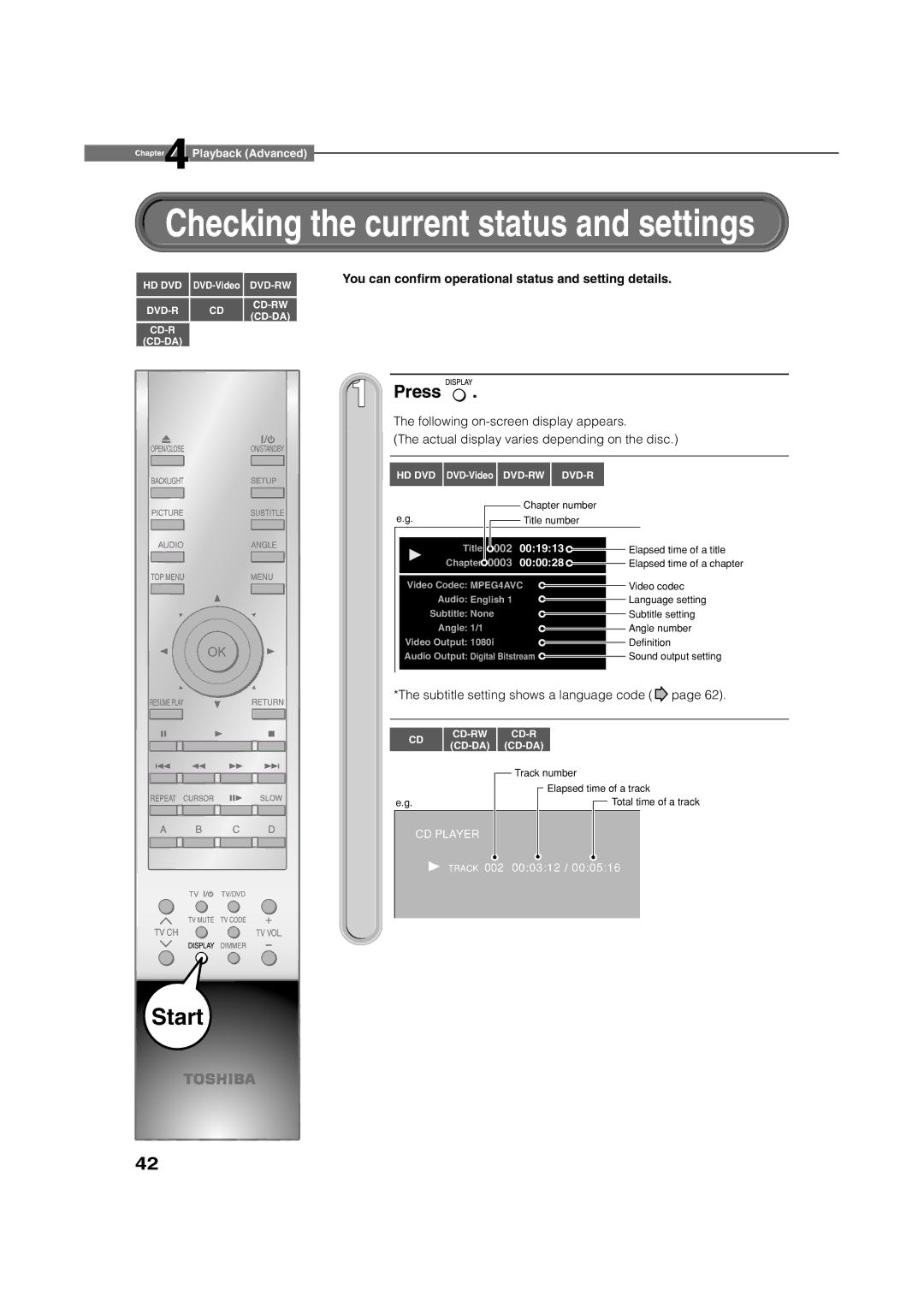 Toshiba HD-XE1 manual You can conﬁrm operational status and setting details, Subtitle setting shows a language code 