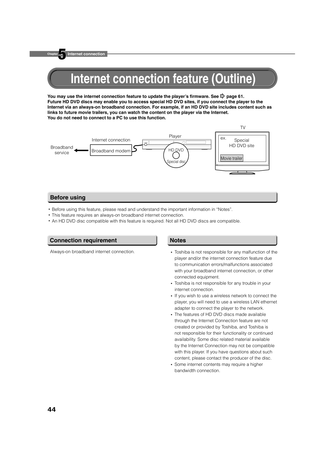 Toshiba HD-XE1 manual Before using, Connection requirement, Ex. Special HD DVD site Movie trailer 