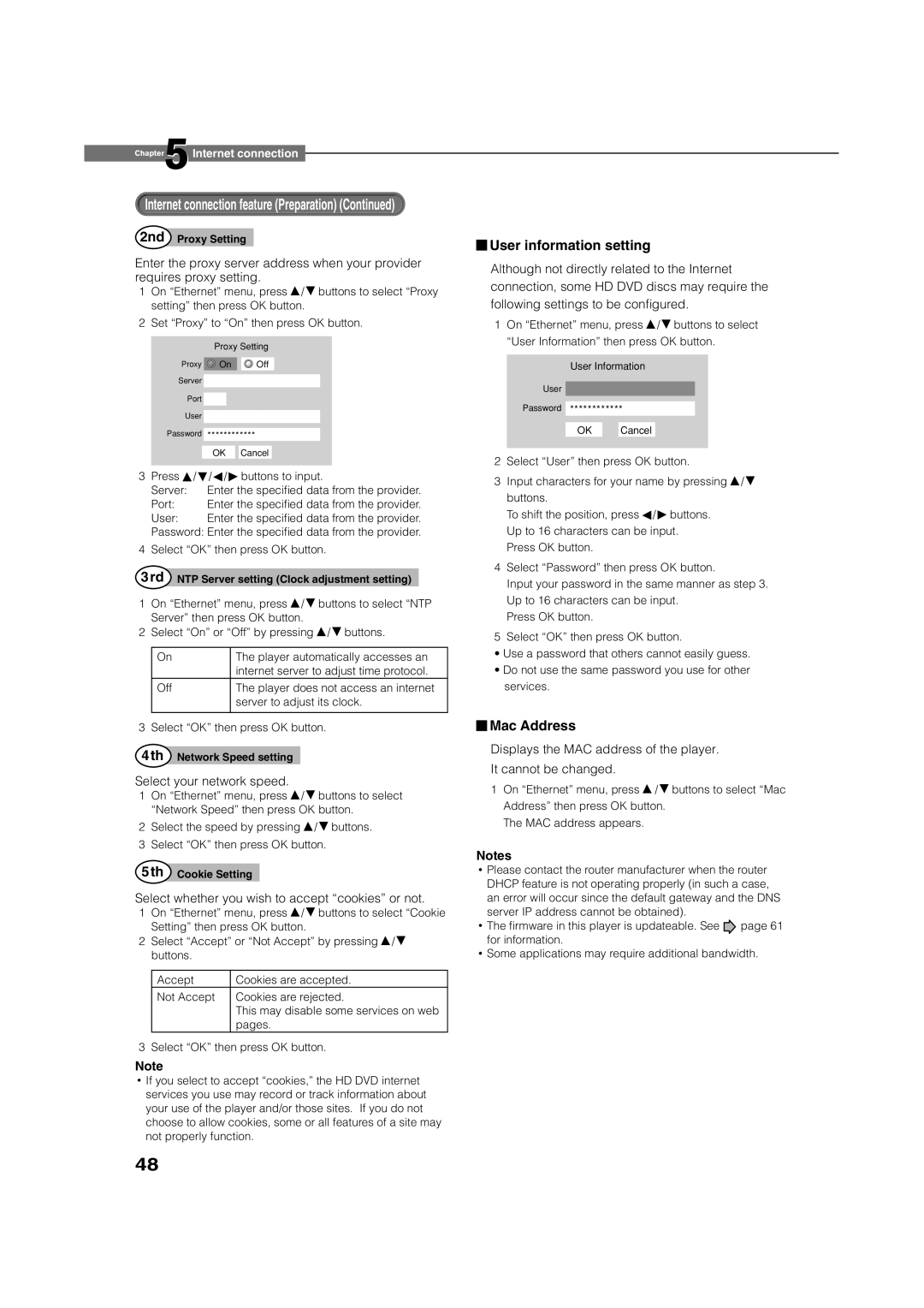 Toshiba HD-XE1 manual User information setting, Mac Address, Select your network speed 