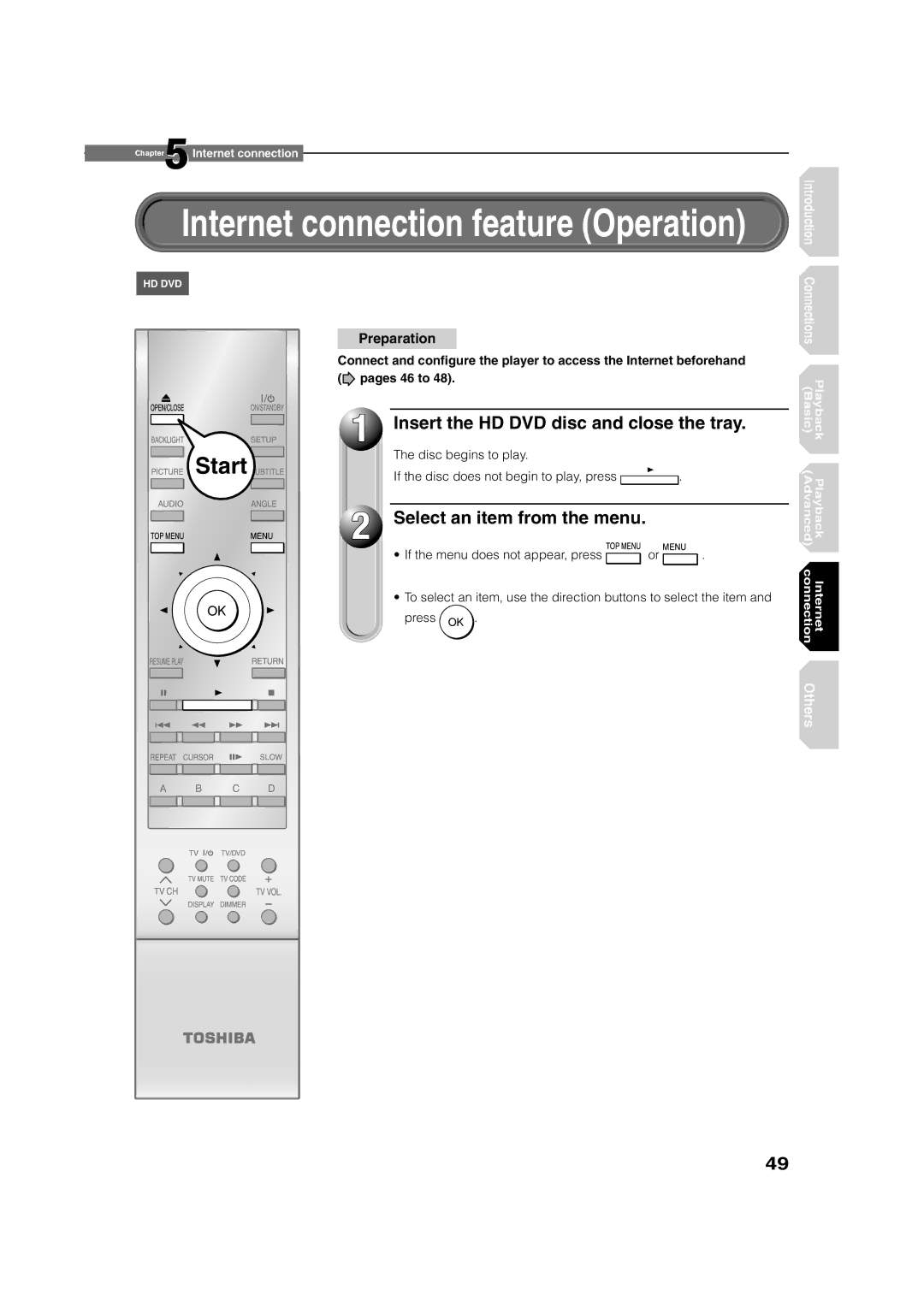 Toshiba HD-XE1 manual Insert the HD DVD disc and close the tray, Select an item from the menu, Preparation 