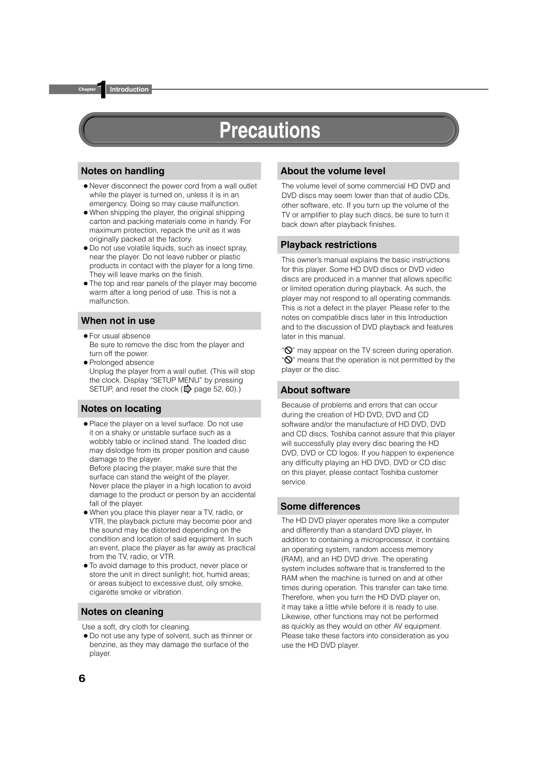 Toshiba HD-XE1 manual Precautions 