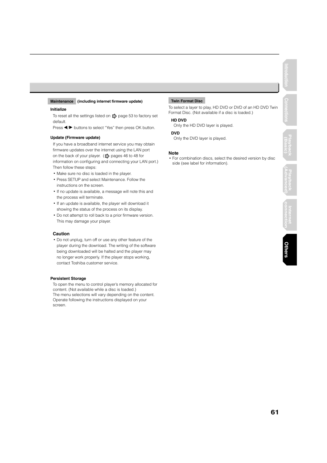 Toshiba HD-XE1 manual Initialize, Update Firmware update, Persistent Storage 