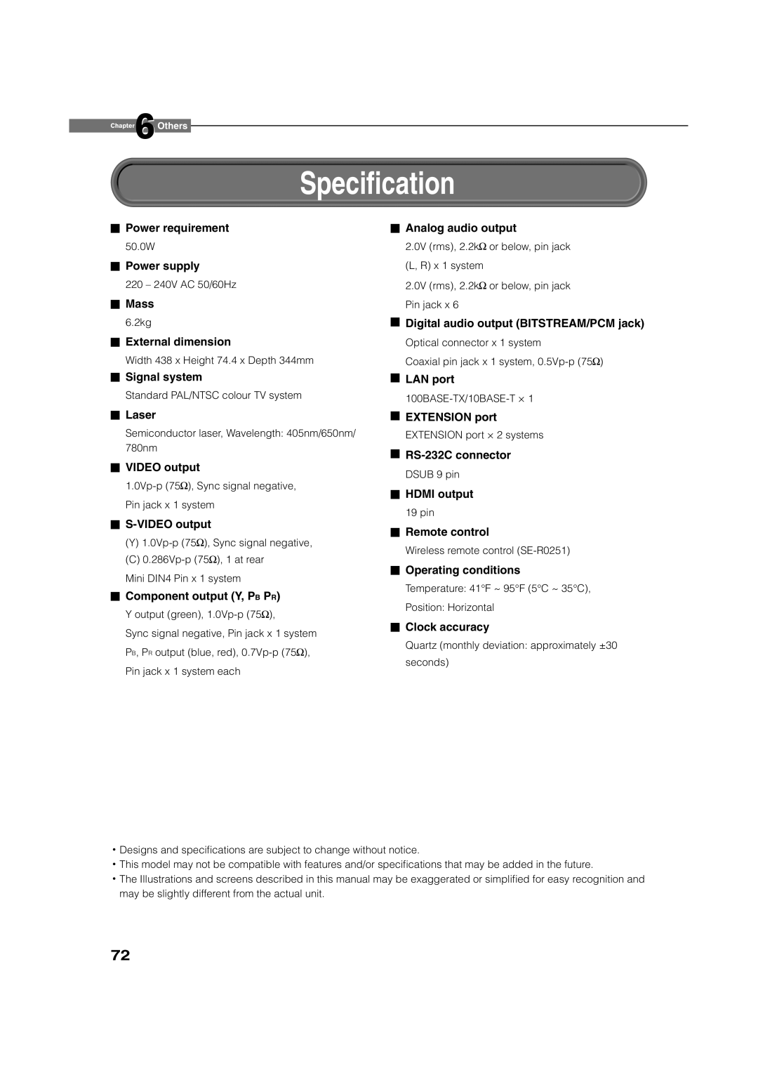 Toshiba HD-XE1 manual Speciﬁcation 