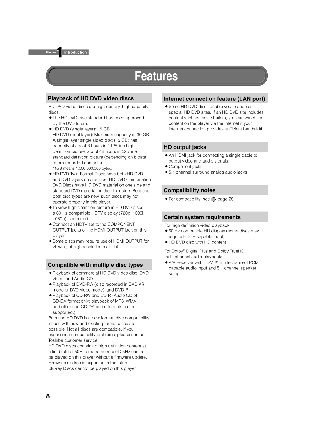 Toshiba HD-XE1 manual Features 