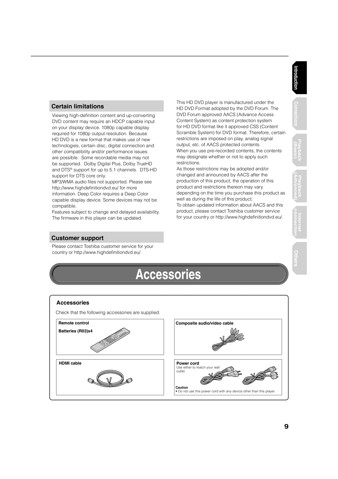 Toshiba HD-XE1 manual Accessories, Certain limitations, Customer support, Check that the following accessories are supplied 