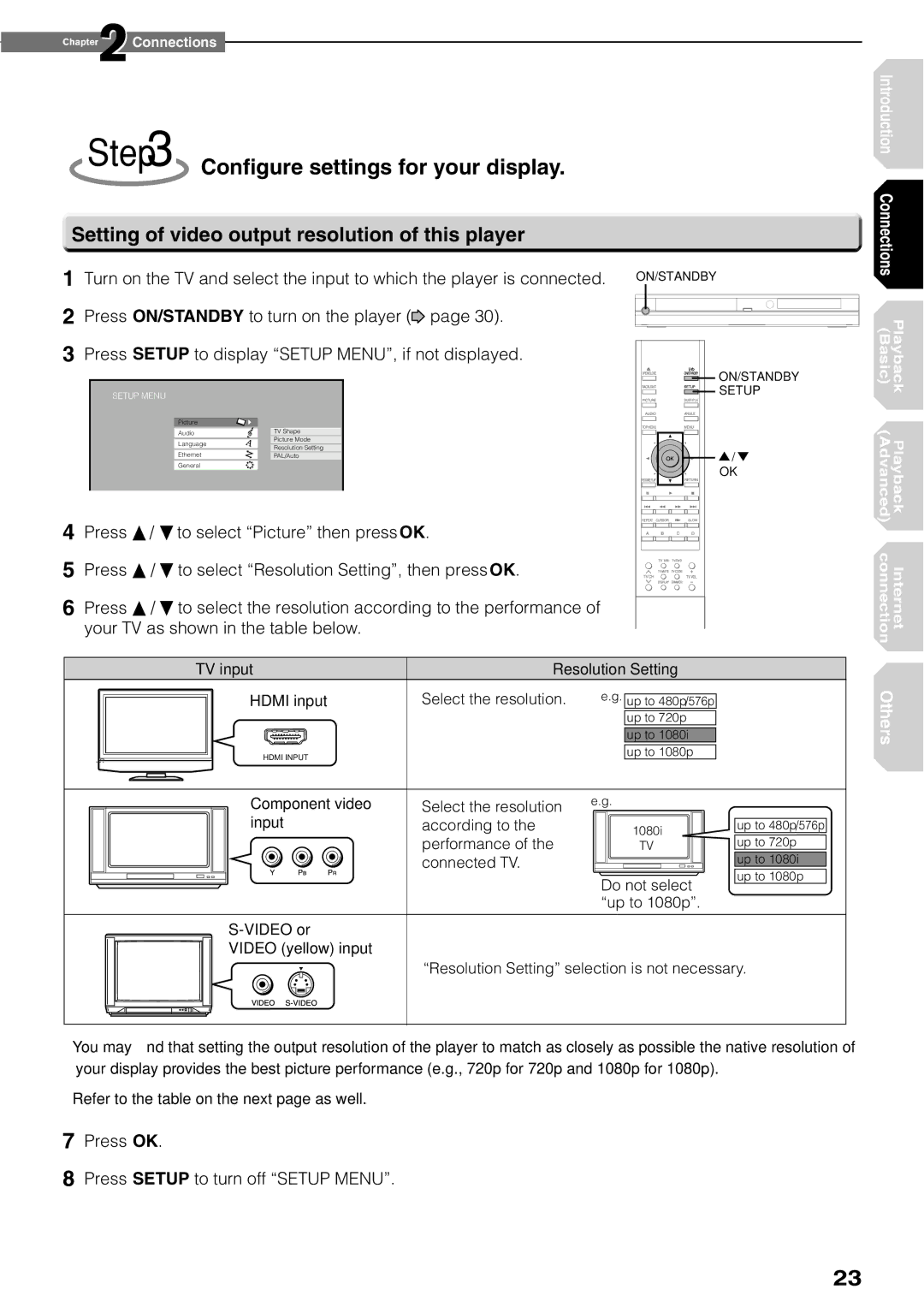 Toshiba HD-XE1KY manual Conﬁgure settings for your display, Setting of video output resolution of this player 