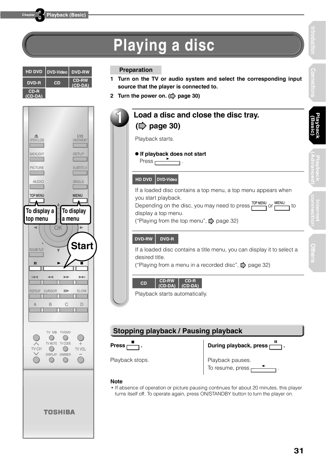 Toshiba HD-XE1KY manual Playing a disc, Stopping playback / Pausing playback, If playback does not start 