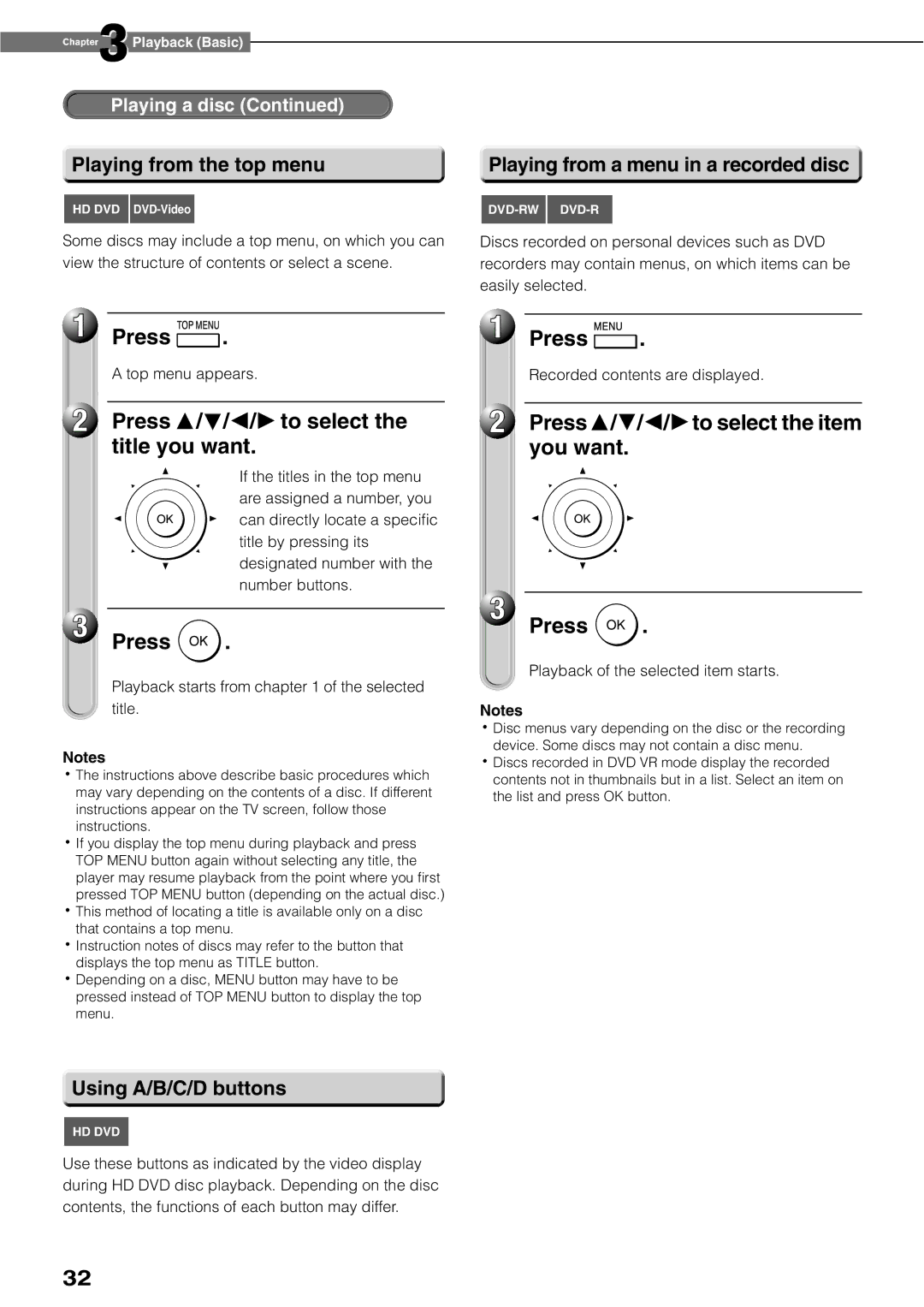 Toshiba HD-XE1KY Press / / / to select the title you want, Press / / / to select the item you want, Using A/B/C/D buttons 