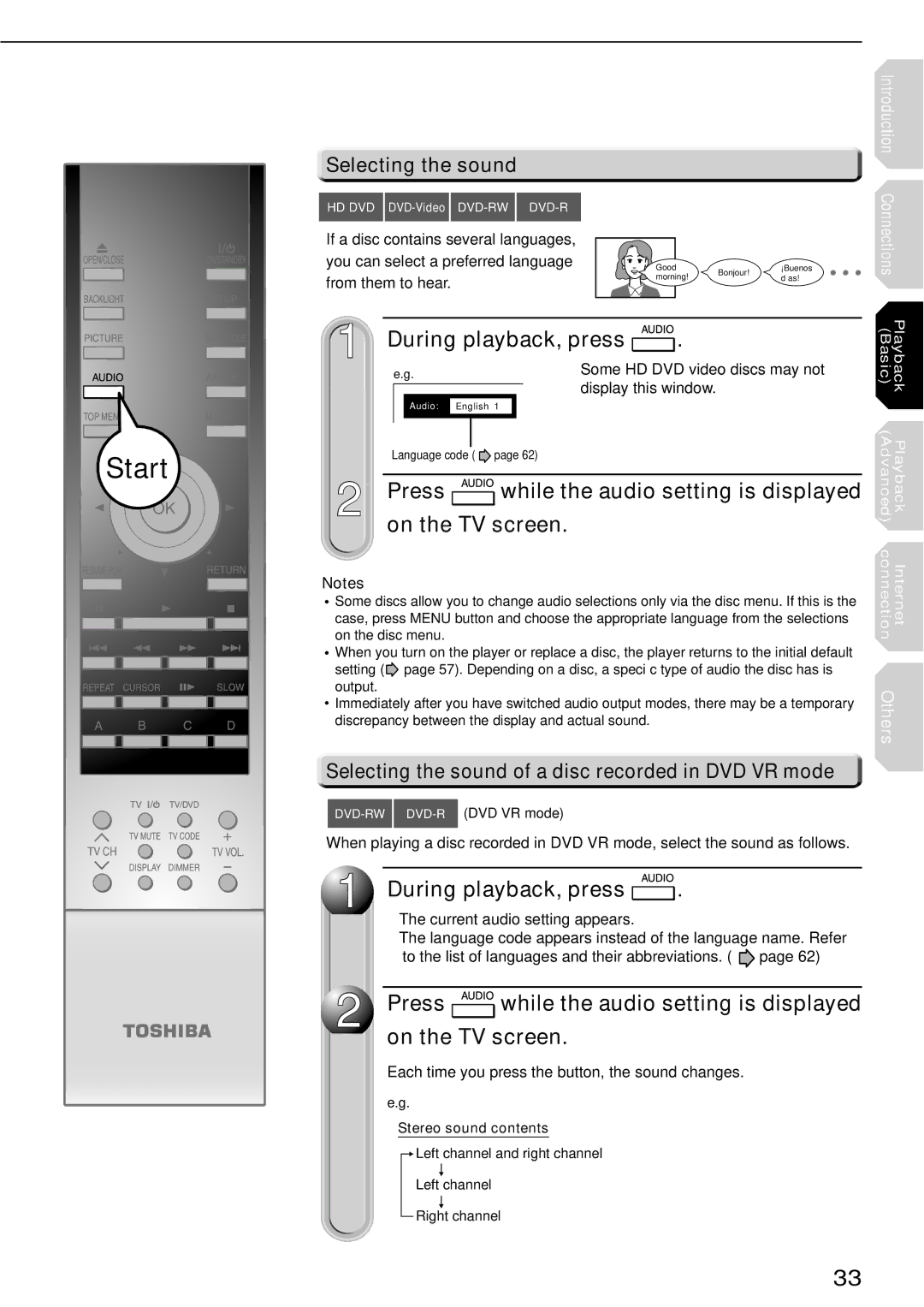 Toshiba HD-XE1KY manual During playback, press, On the TV screen, Selecting the sound 