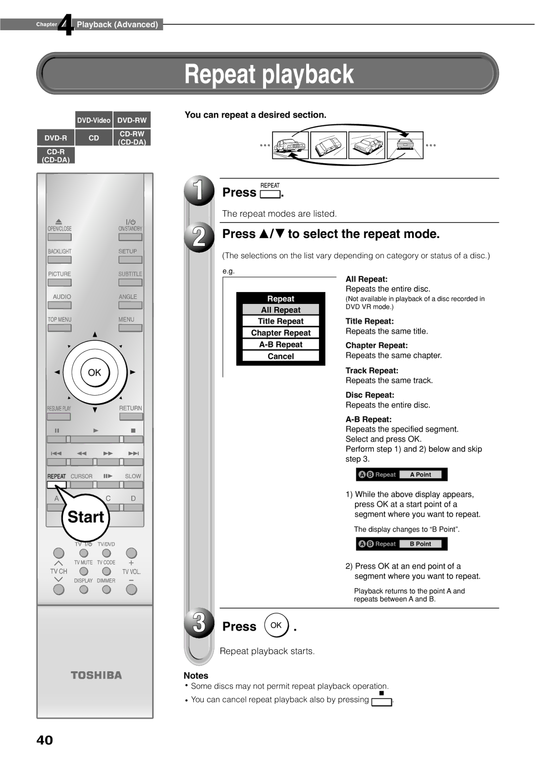 Toshiba HD-XE1KY manual Repeat playback, Press / to select the repeat mode, You can repeat a desired section 