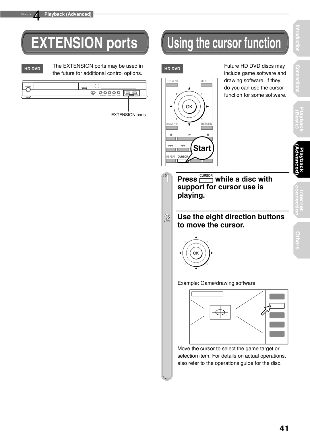 Toshiba HD-XE1KY manual Press While a disc with Support for cursor use is, Extension ports may be used 