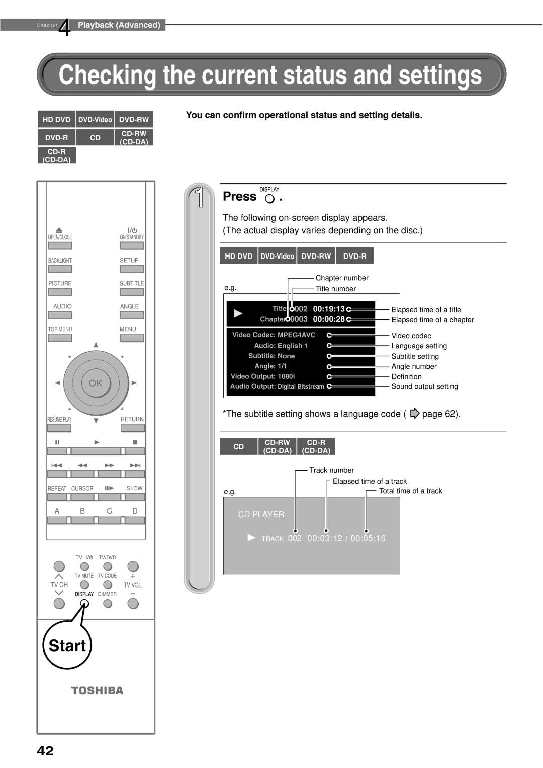 Toshiba HD-XE1KY manual You can conﬁrm operational status and setting details, Subtitle setting shows a language code 