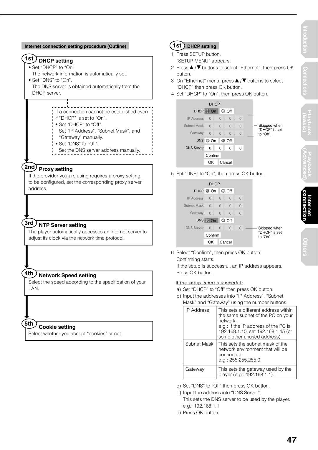 Toshiba HD-XE1KY manual 1st Dhcp setting, 2nd Proxy setting, 3rd NTP Server setting, Network Speed setting, Cookie setting 