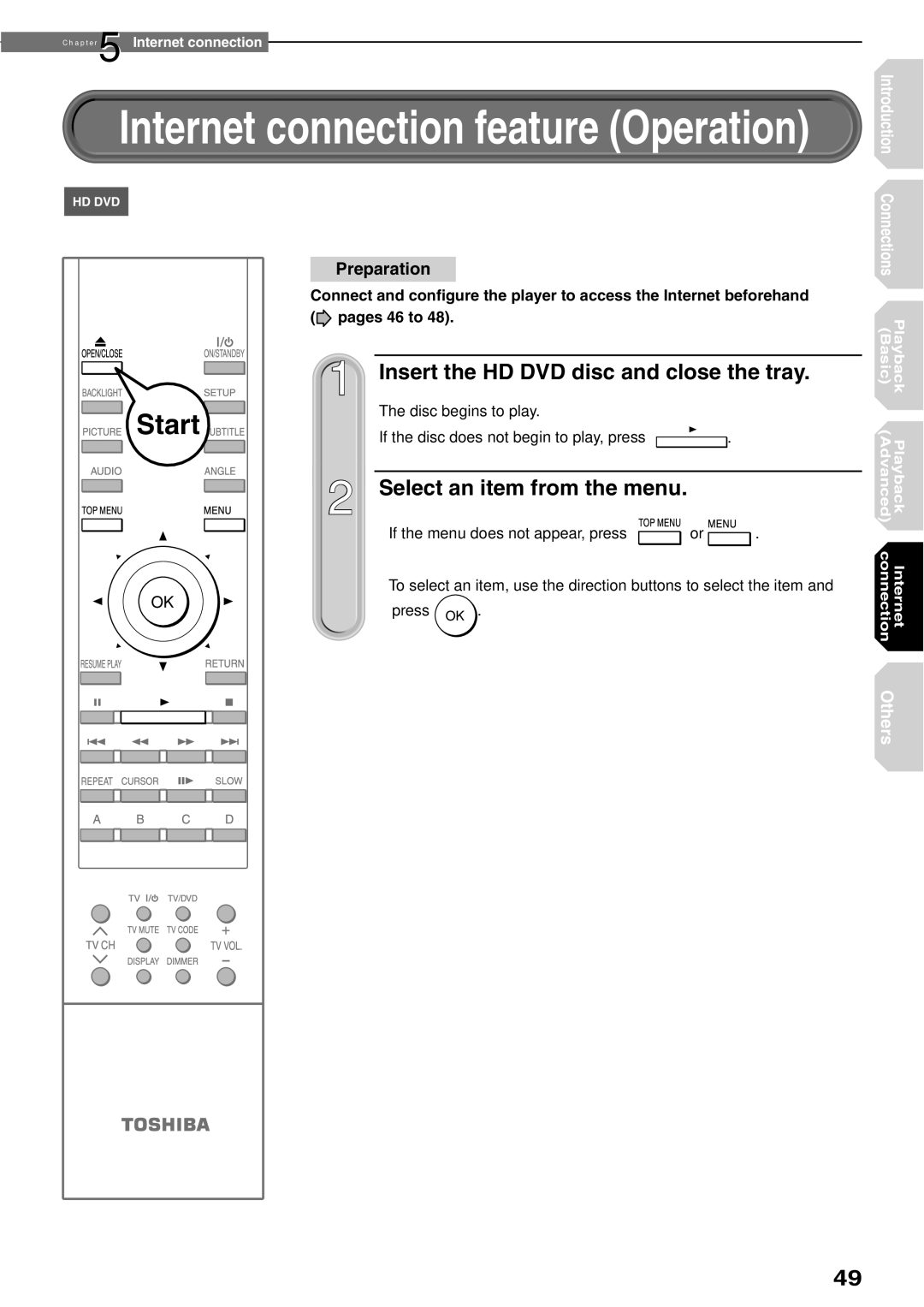 Toshiba HD-XE1KY manual Insert the HD DVD disc and close the tray, Select an item from the menu 