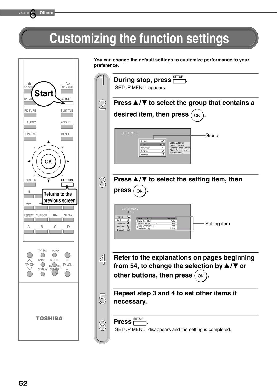 Toshiba HD-XE1KY manual Customizing the function settings, During stop, press, Press To select the setting item, then 