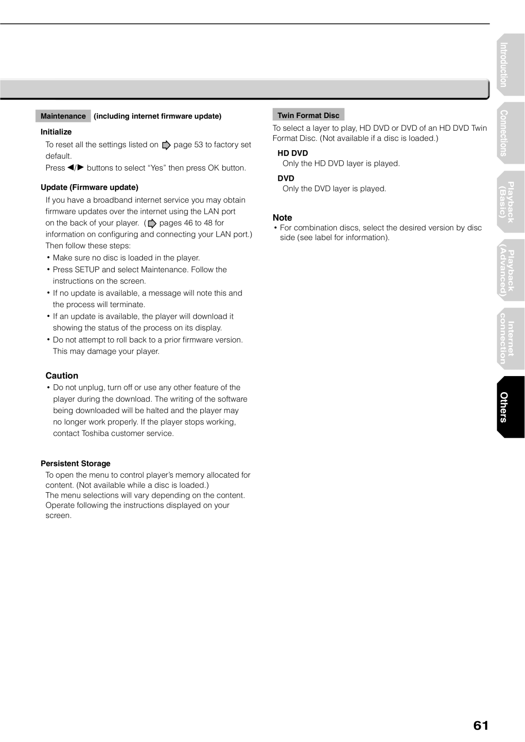 Toshiba HD-XE1KY manual Initialize, Update Firmware update, Persistent Storage 