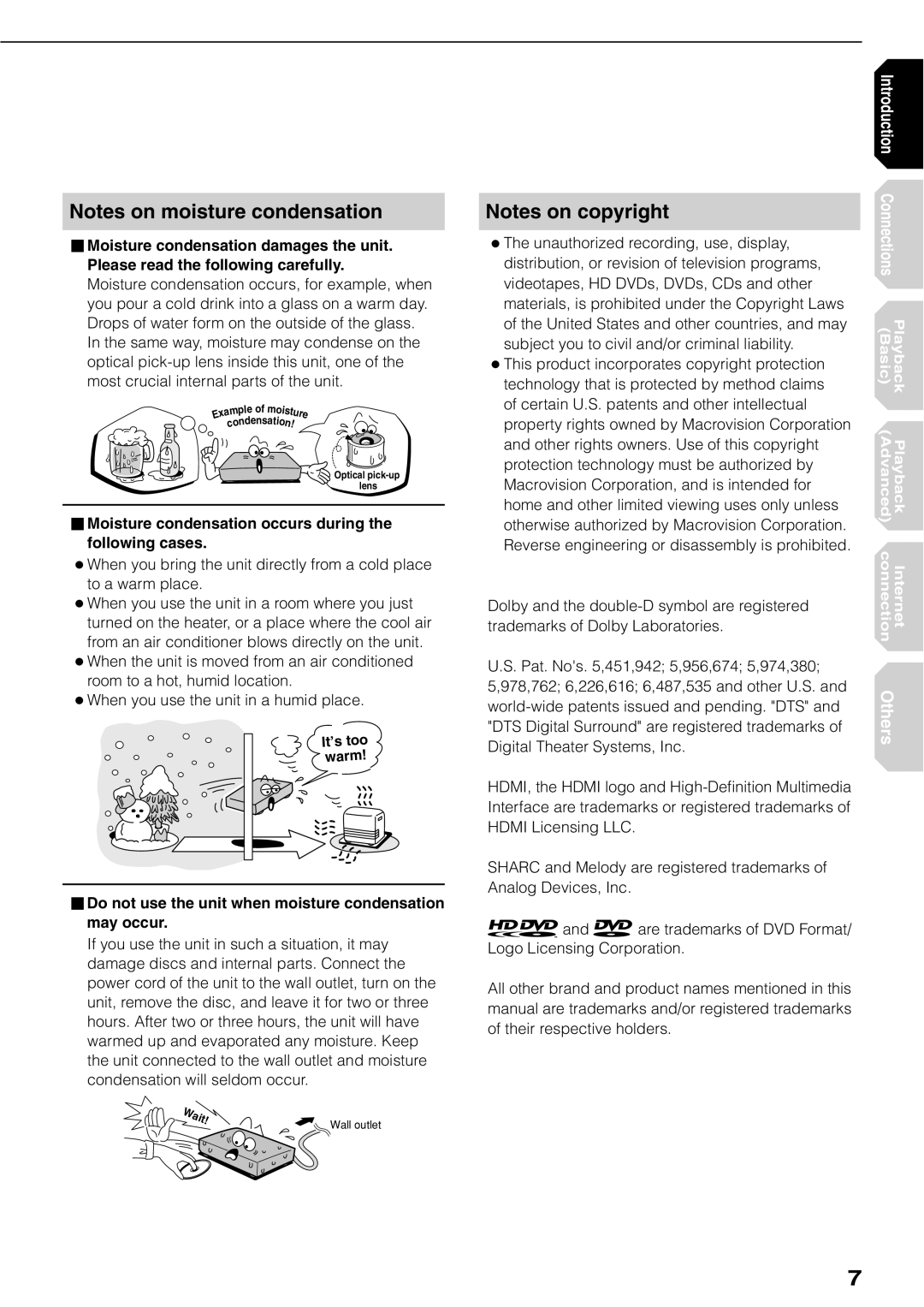 Toshiba HD-XE1KY manual Moisture condensation occurs during the following cases 