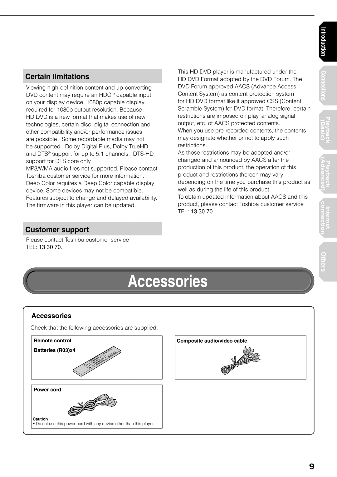 Toshiba HD-XE1KY Accessories, Certain limitations, Customer support, Check that the following accessories are supplied 