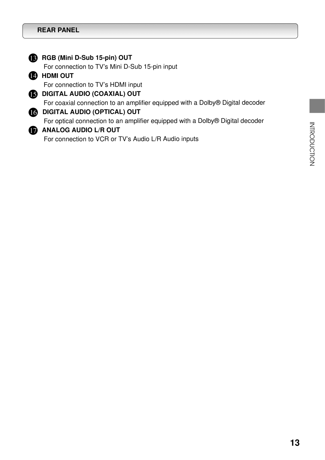 Toshiba HDD-J35 manual Hdmi OUT, Digital Audio Coaxial OUT, Digital Audio Optical OUT, Analog Audio L/R OUT 