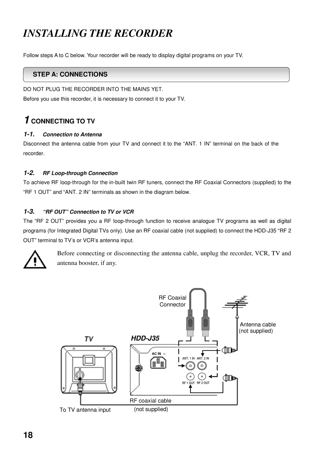 Toshiba HDD-J35 Installing the Recorder, Step a Connections, Connecting to TV, Do not Plug the Recorder Into the Mains YET 