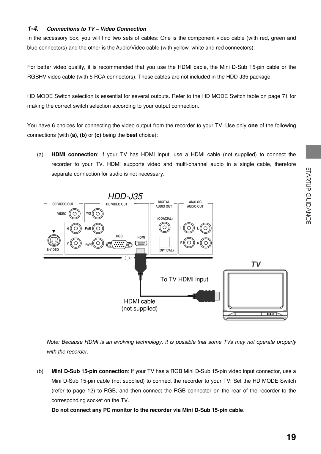 Toshiba HDD-J35 manual Connections to TV Video Connection, Startup 