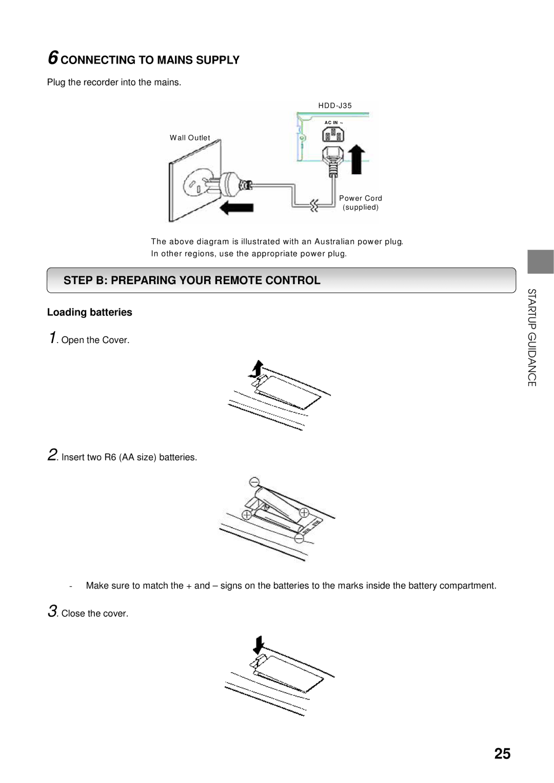 Toshiba HDD-J35 manual Connecting to Mains Supply, Step B Preparing Your Remote Control 