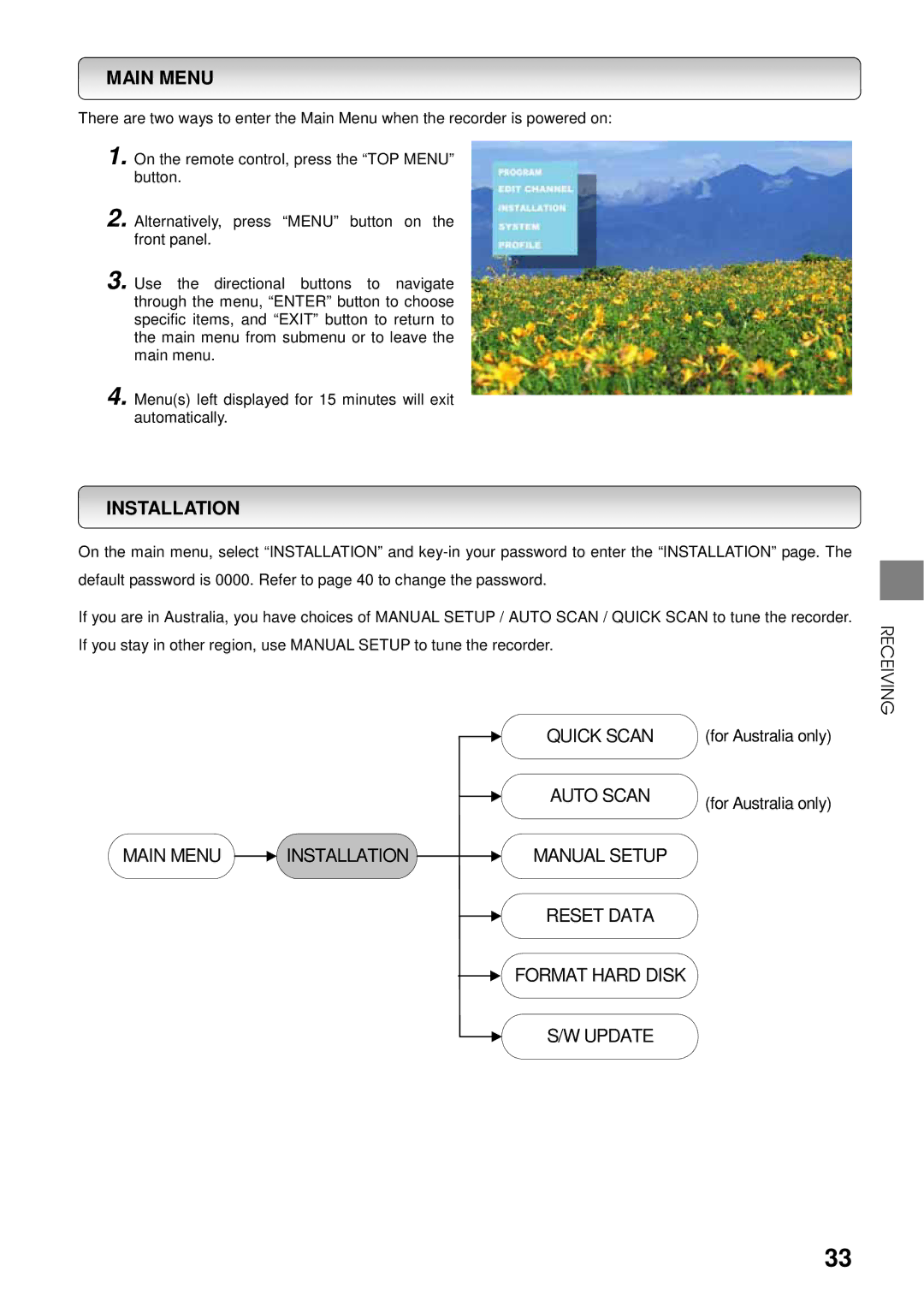 Toshiba HDD-J35 manual Main Menu, Installation 