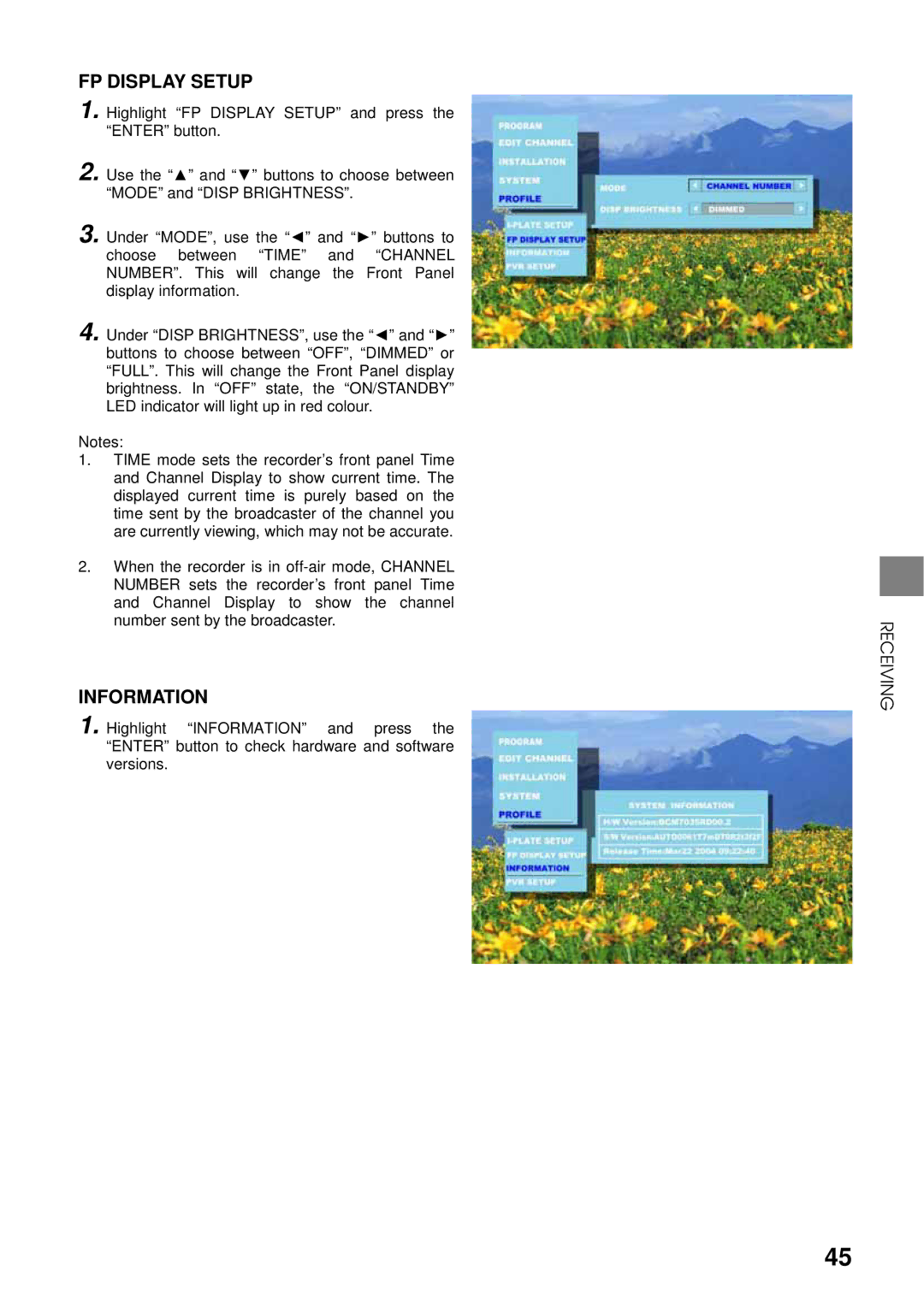 Toshiba HDD-J35 manual FP Display Setup, Information 