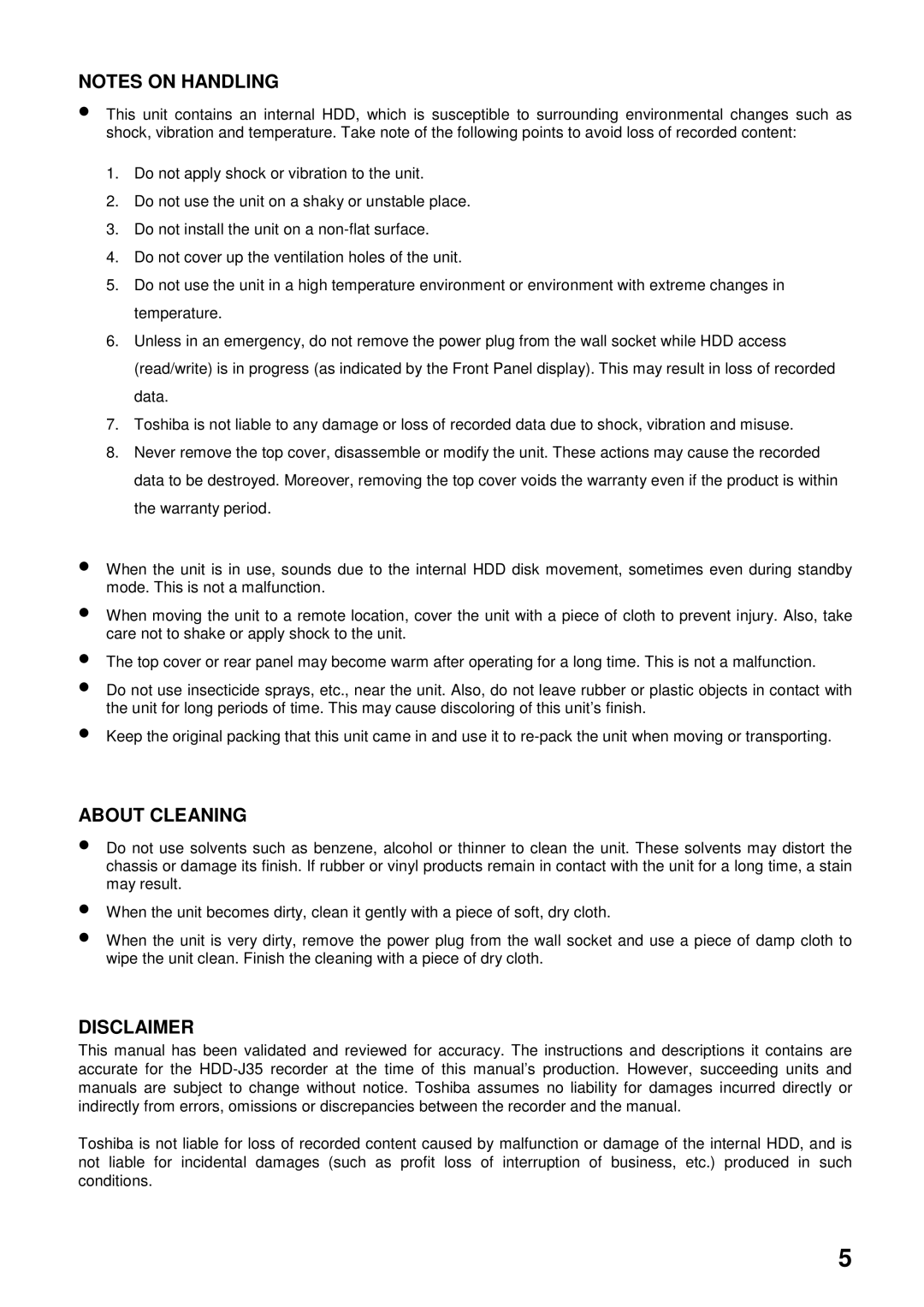 Toshiba HDD-J35 manual About Cleaning, Disclaimer 